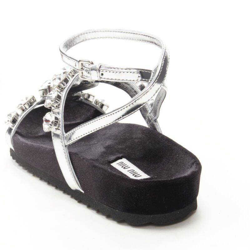 Miu Miu MIU MIU large rhinestone crystal metallic silver velvet flat sandals EU36 Size US 6 / IT 36 - 8 Thumbnail