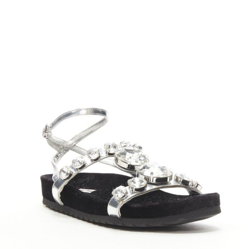Miu Miu MIU MIU large rhinestone crystal metallic silver velvet flat sandals EU36 Size US 6 / IT 36 - 3 Thumbnail