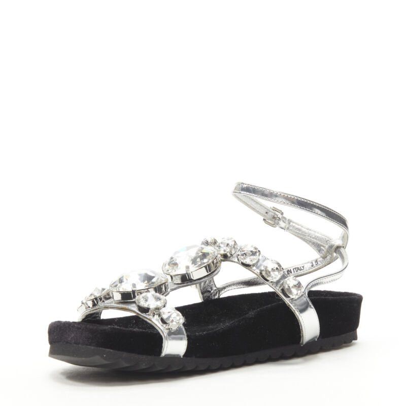 Miu Miu MIU MIU large rhinestone crystal metallic silver velvet flat sandals EU36 Size US 6 / IT 36 - 4 Thumbnail