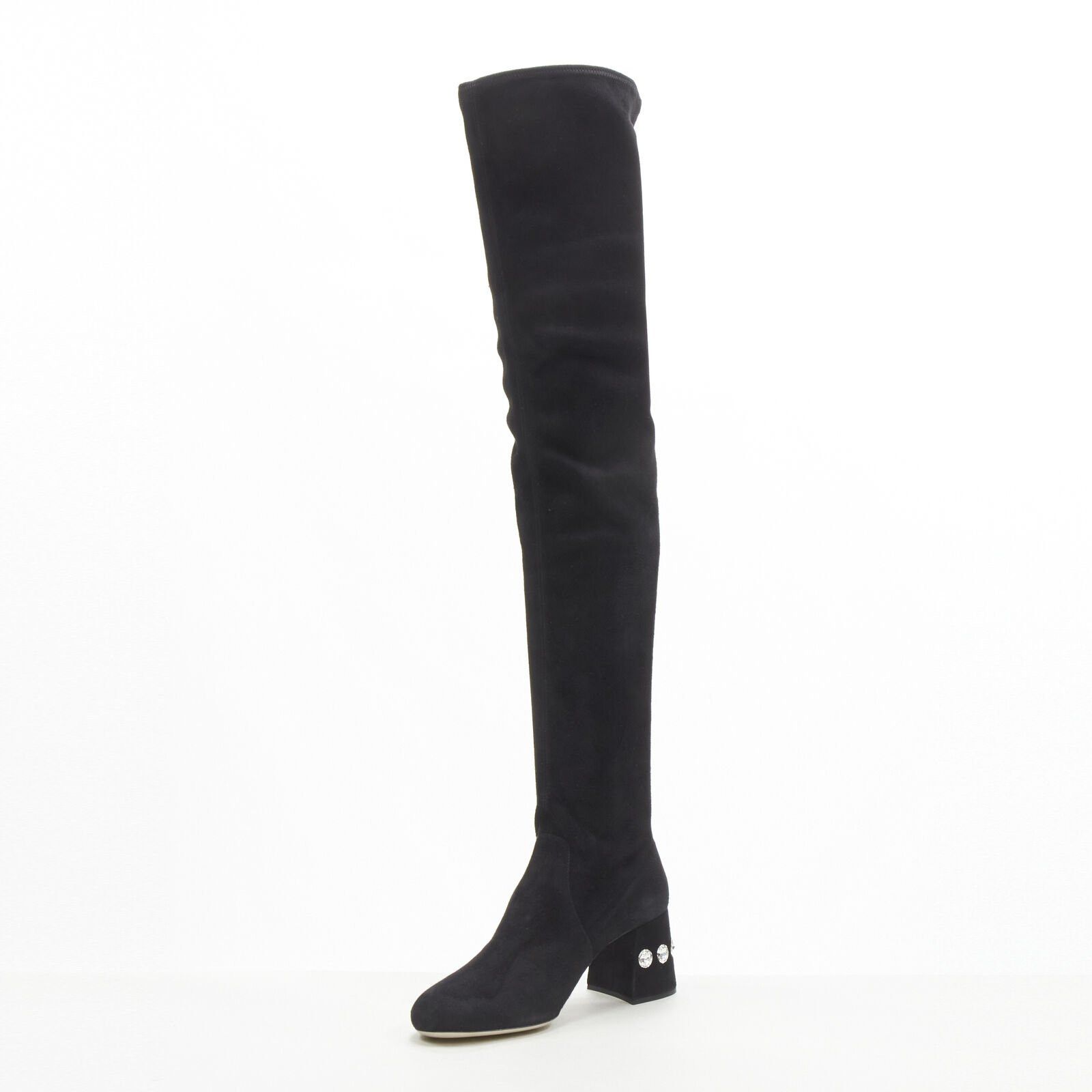 Miu Miu new MIU MIU black suede jewelled crystal heel pull on over knee boot EU37 Size US 7 / IT 37 - 5 Thumbnail