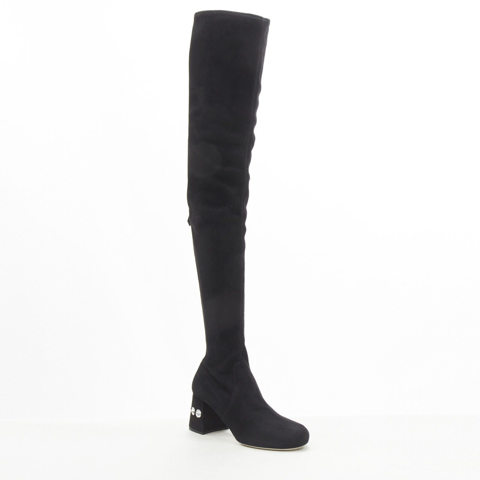 Miu Miu new MIU MIU black suede jewelled crystal heel pull on over knee boot EU37 Size US 7 / IT 37 - 3 Thumbnail