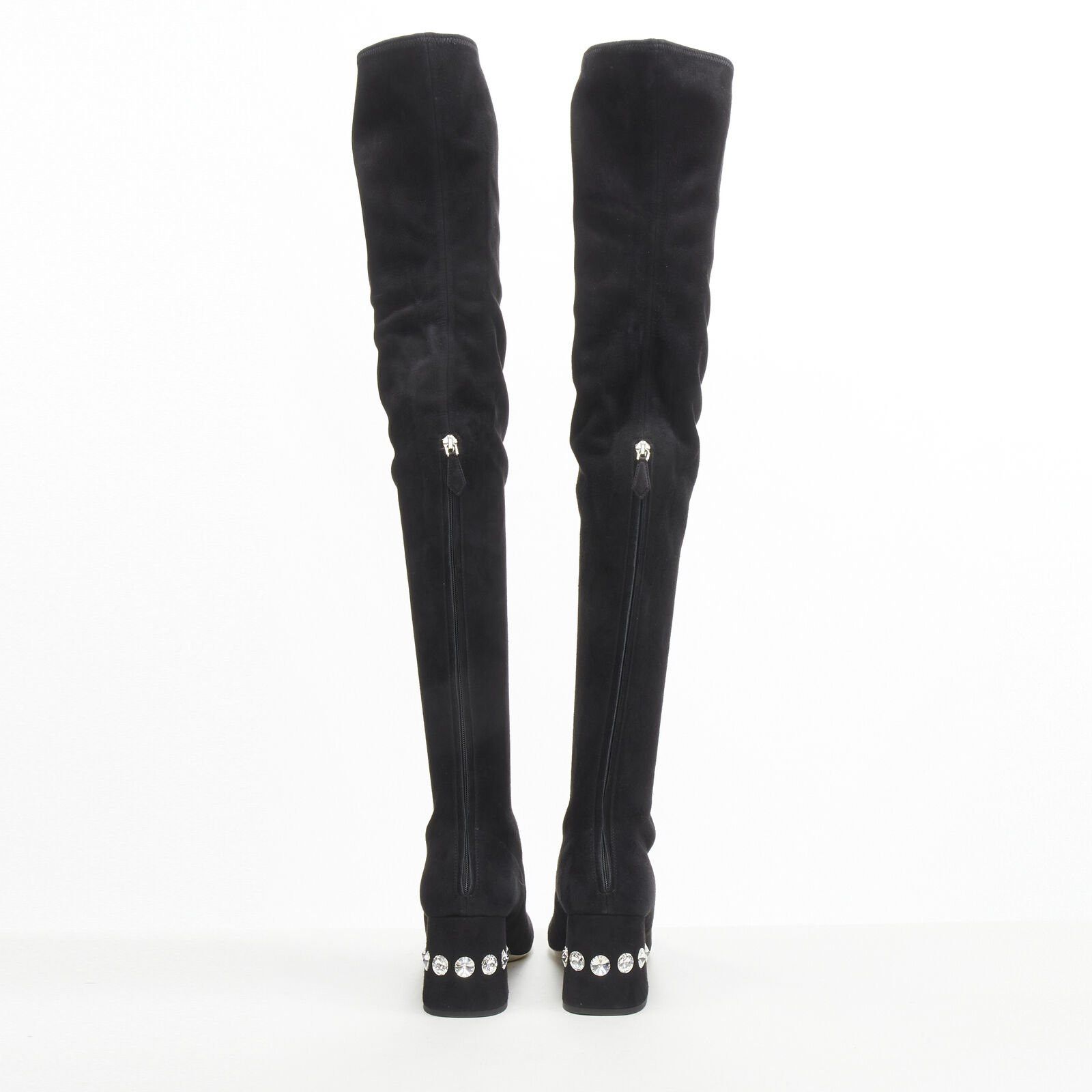 Miu Miu new MIU MIU black suede jewelled crystal heel pull on over knee boot EU37 Size US 7 / IT 37 - 6 Thumbnail
