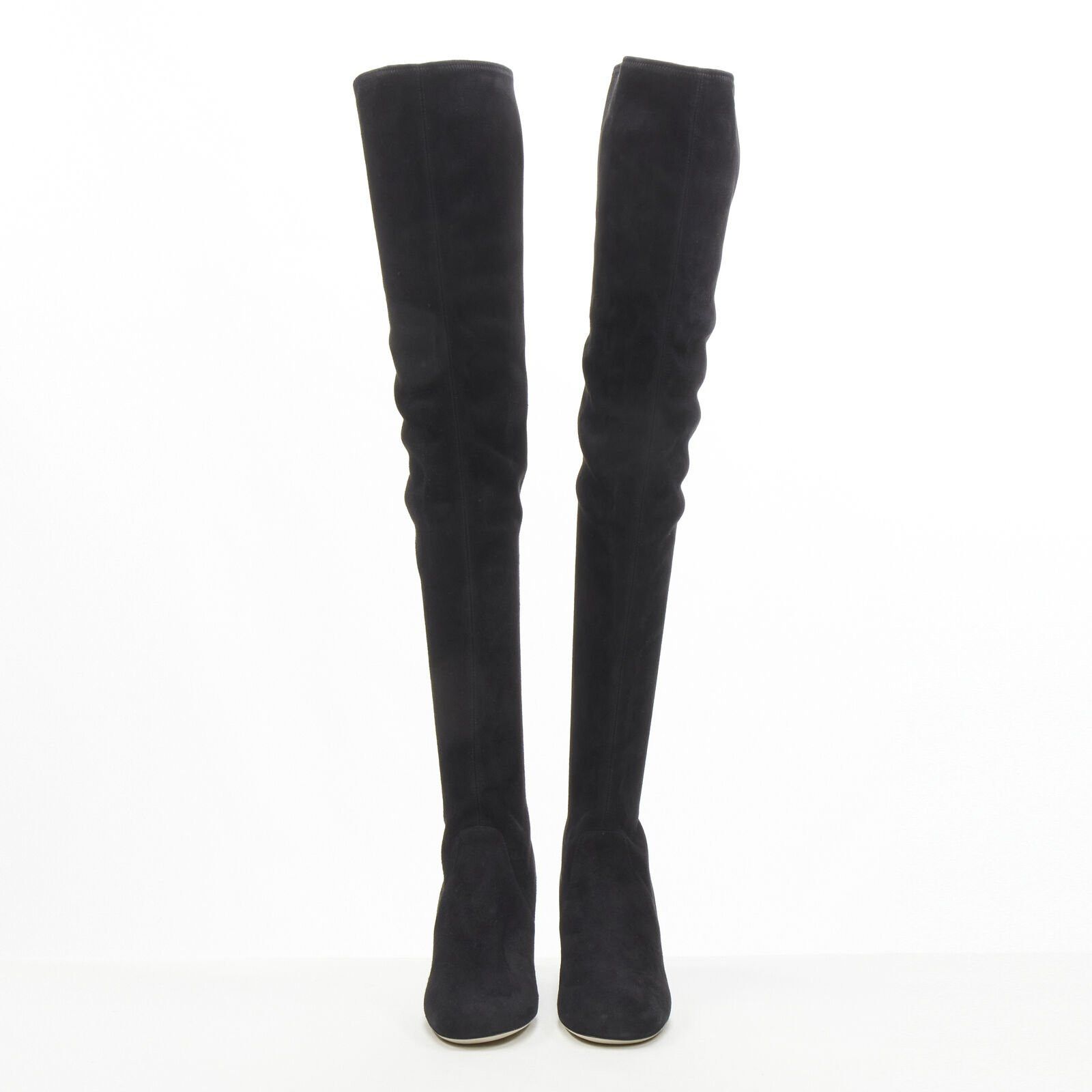 Miu Miu new MIU MIU black suede jewelled crystal heel pull on over knee boot EU37 Size US 7 / IT 37 - 4 Thumbnail