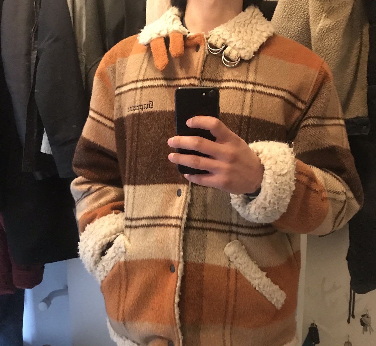 Plaid store shearling bomber