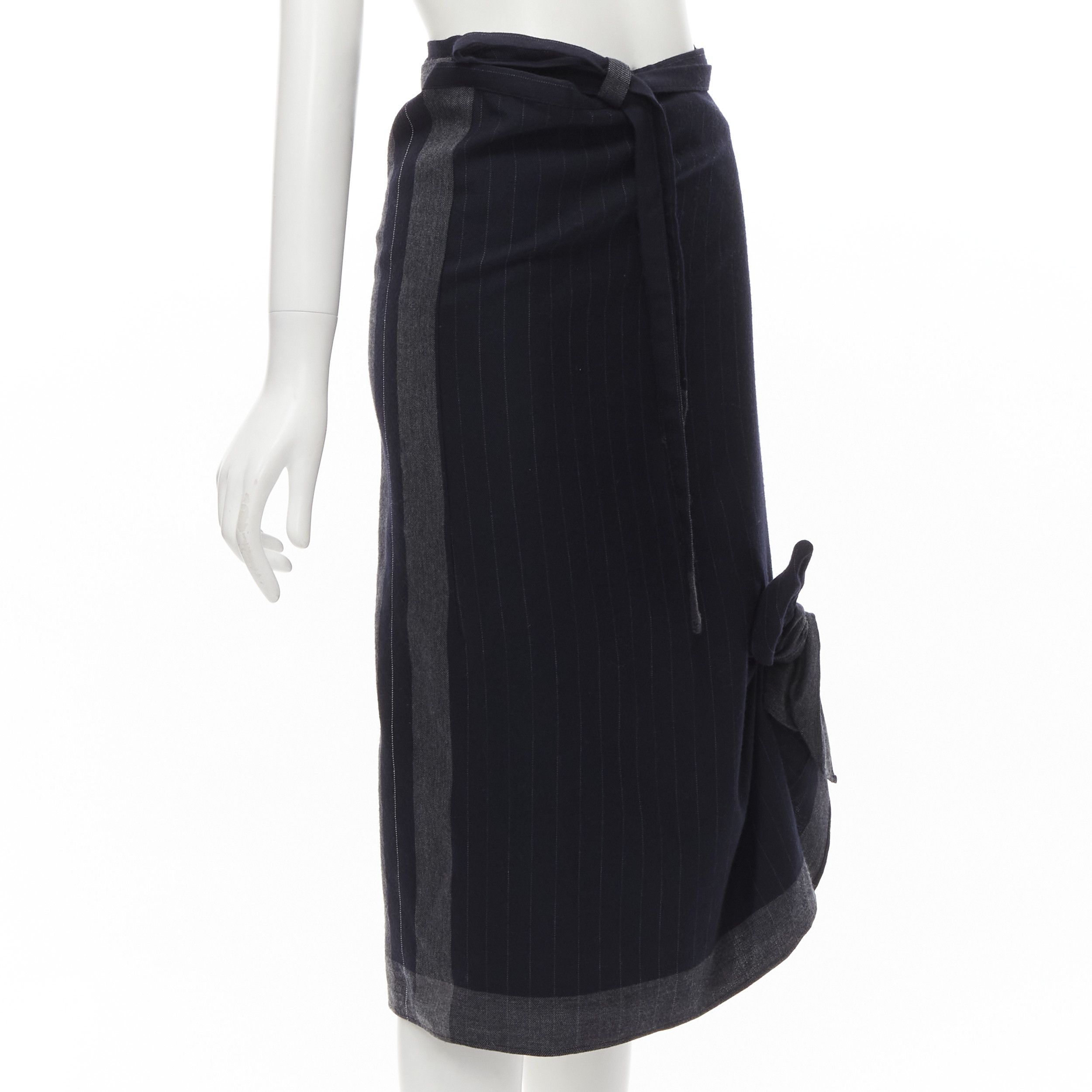 Comme des Garcons COMME DES GARCONS 2003 100% wool black pinstripe plaid bow wrap kilt skirt Size 26" / US 2 / IT 38 - 3 Thumbnail