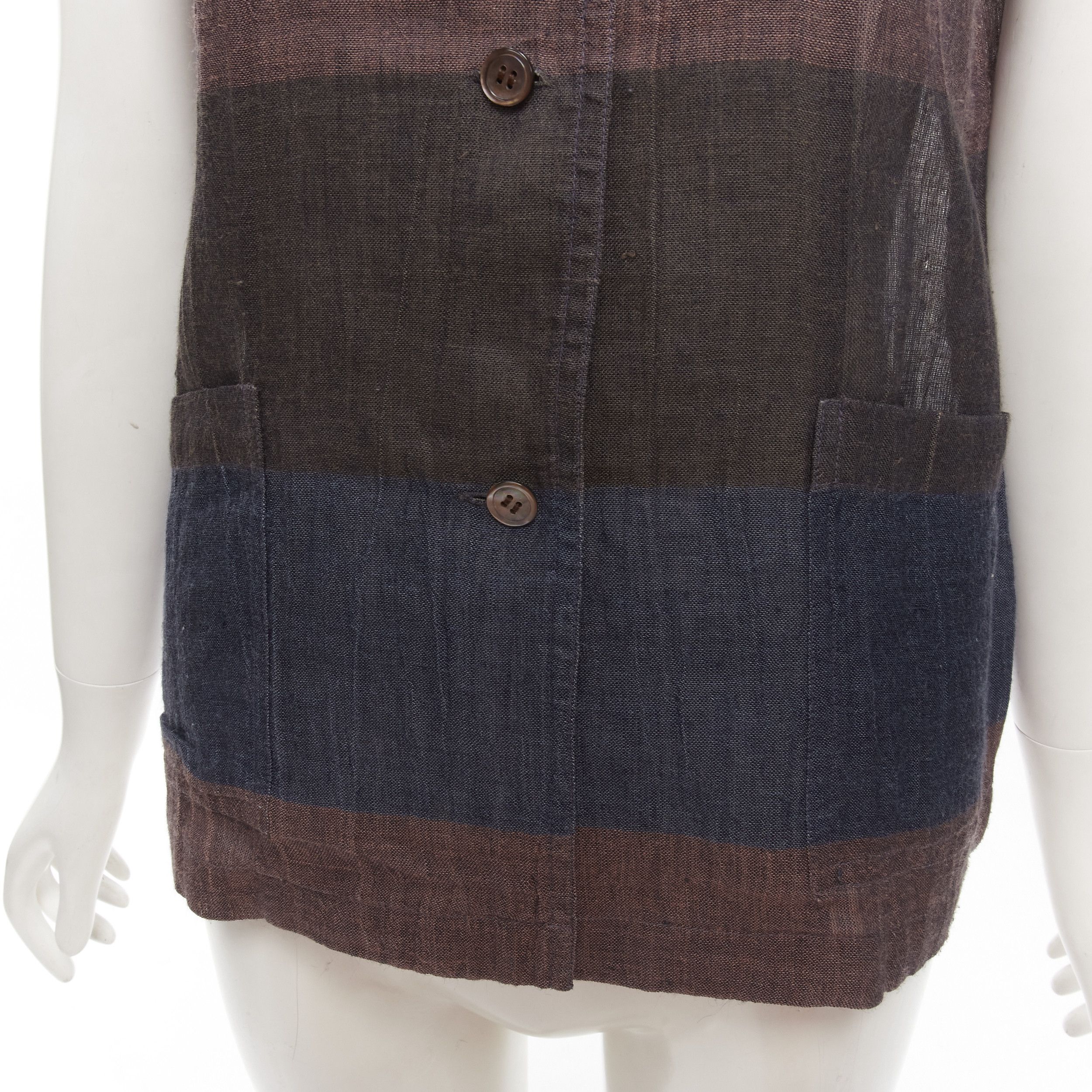 Issey Miyake ISSEY MIYAKE 1980's Vintage brown navy stripes checked patchwork linen shirt JP9 S Size M / US 6-8 / IT 42-44 - 8 Thumbnail