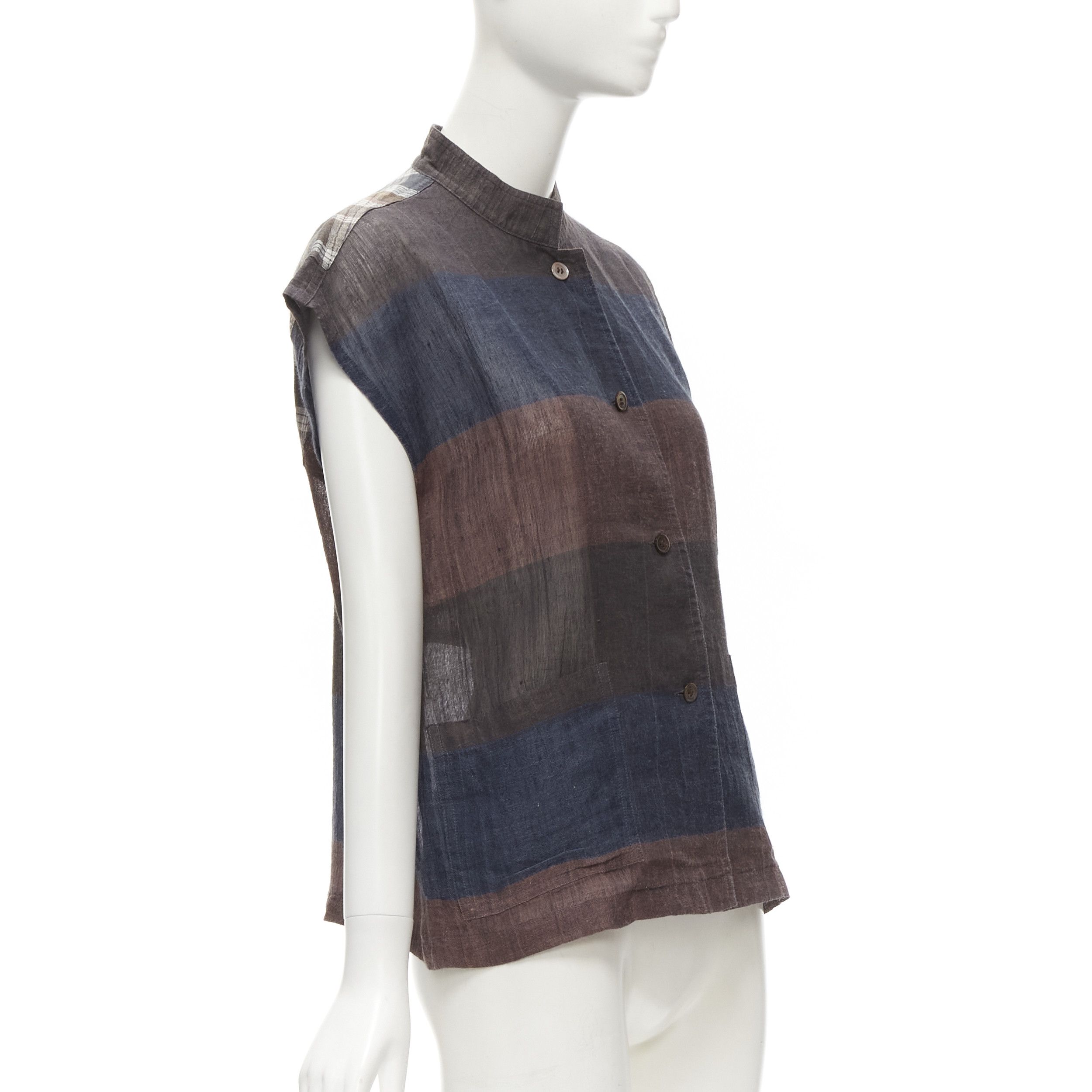 Issey Miyake ISSEY MIYAKE 1980's Vintage brown navy stripes checked patchwork linen shirt JP9 S Size M / US 6-8 / IT 42-44 - 3 Thumbnail