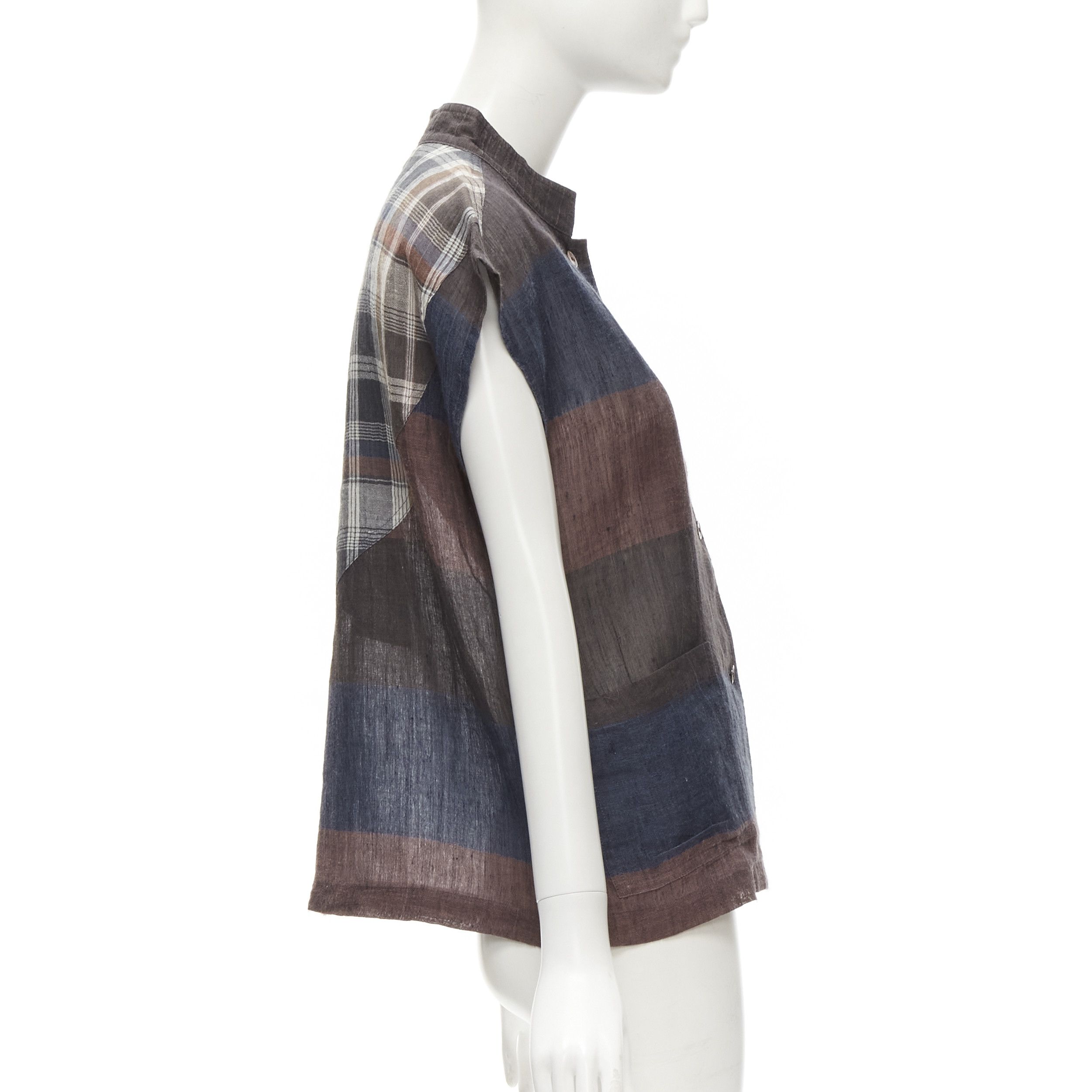 Issey Miyake ISSEY MIYAKE 1980's Vintage brown navy stripes checked patchwork linen shirt JP9 S Size M / US 6-8 / IT 42-44 - 4 Thumbnail