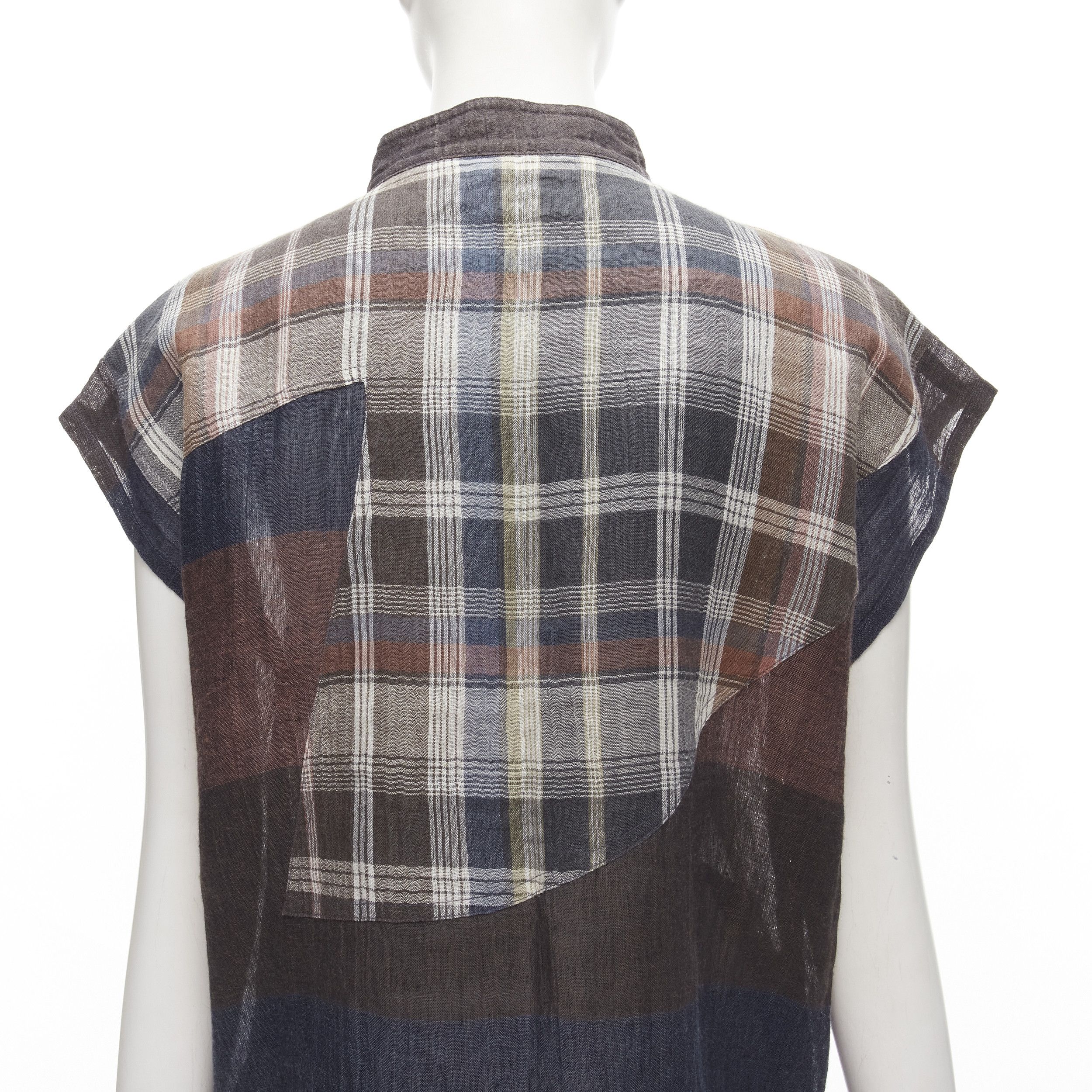 Issey Miyake ISSEY MIYAKE 1980's Vintage brown navy stripes checked patchwork linen shirt JP9 S Size M / US 6-8 / IT 42-44 - 2 Thumbnail