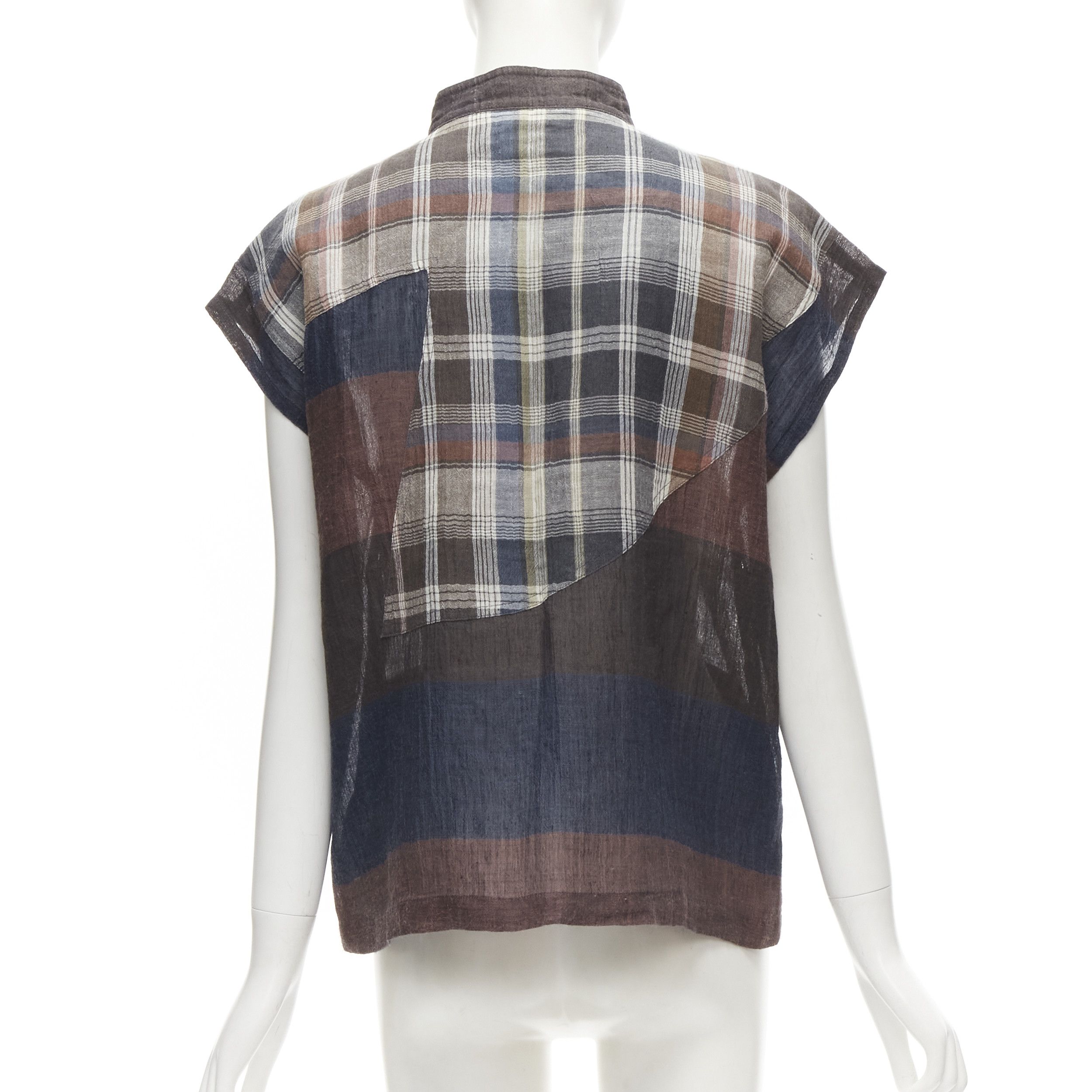 Issey Miyake ISSEY MIYAKE 1980's Vintage brown navy stripes checked patchwork linen shirt JP9 S Size M / US 6-8 / IT 42-44 - 5 Thumbnail