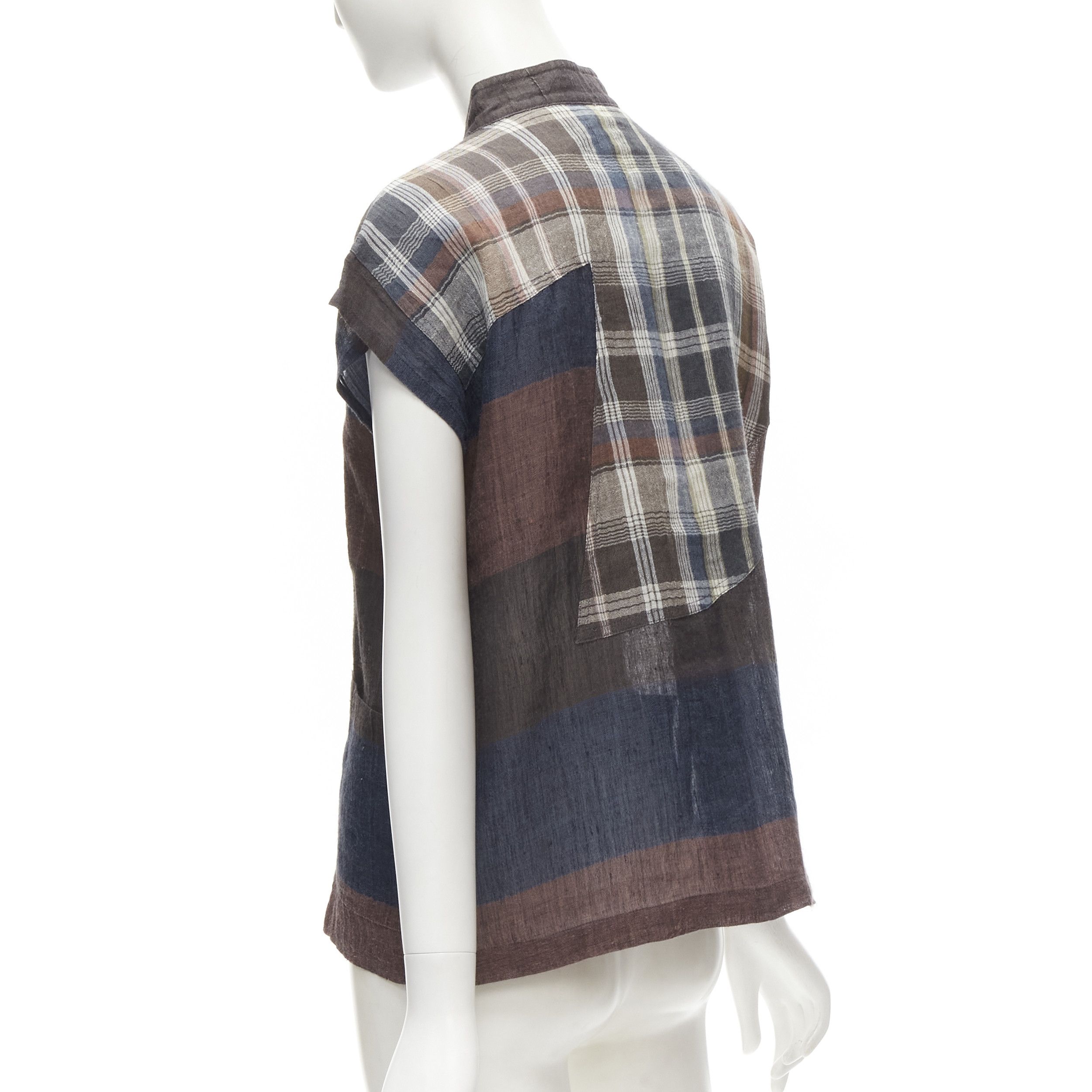 Issey Miyake ISSEY MIYAKE 1980's Vintage brown navy stripes checked patchwork linen shirt JP9 S Size M / US 6-8 / IT 42-44 - 6 Thumbnail
