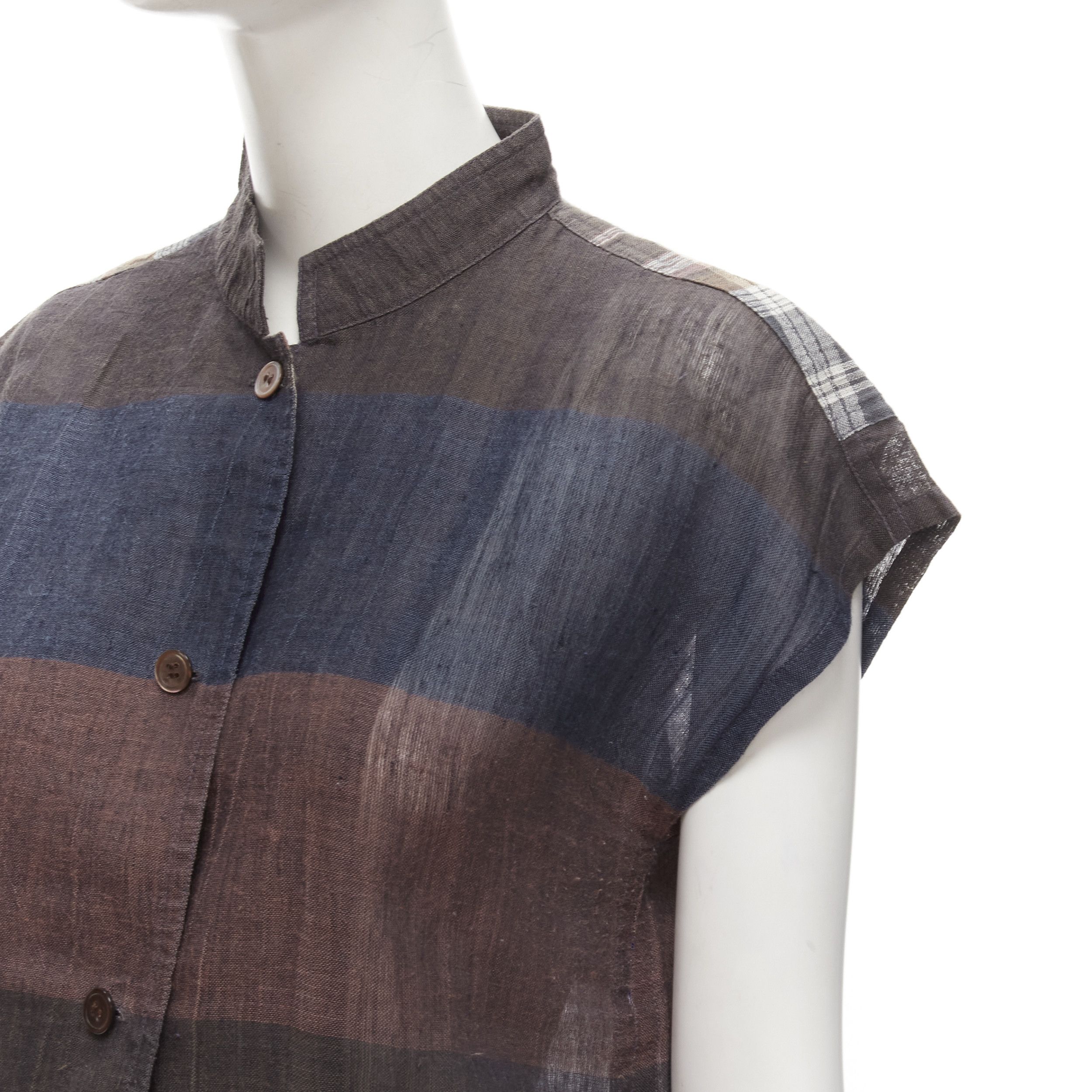 Issey Miyake ISSEY MIYAKE 1980's Vintage brown navy stripes checked patchwork linen shirt JP9 S Size M / US 6-8 / IT 42-44 - 7 Thumbnail