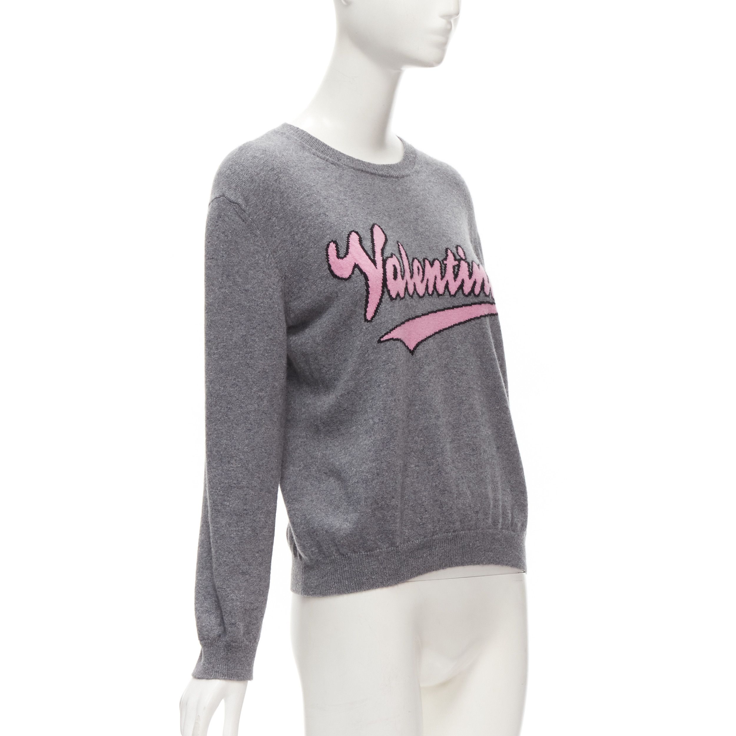 Valentino VALENTINO grey virgin wool cashmere pink cursive graphic logo sweater top M Size M / US 6-8 / IT 42-44 - 3 Thumbnail