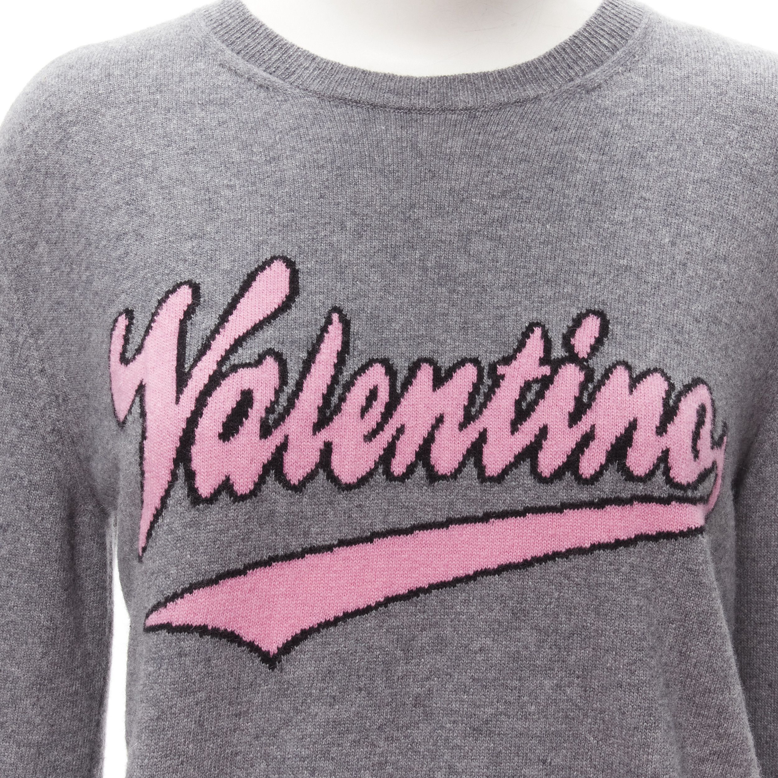 Valentino VALENTINO grey virgin wool cashmere pink cursive graphic logo sweater top M Size M / US 6-8 / IT 42-44 - 2 Thumbnail