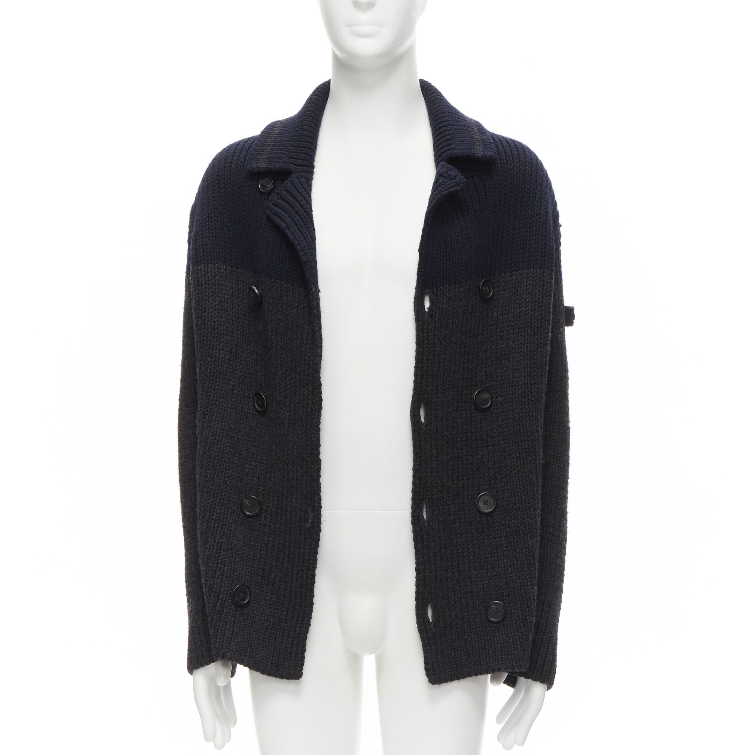 Prada PRADA 2013 100% wool grey navy sailor collar ribbed knit cardigani coat IT50 L Size US L / EU 52-54 / 3 - 3 Thumbnail