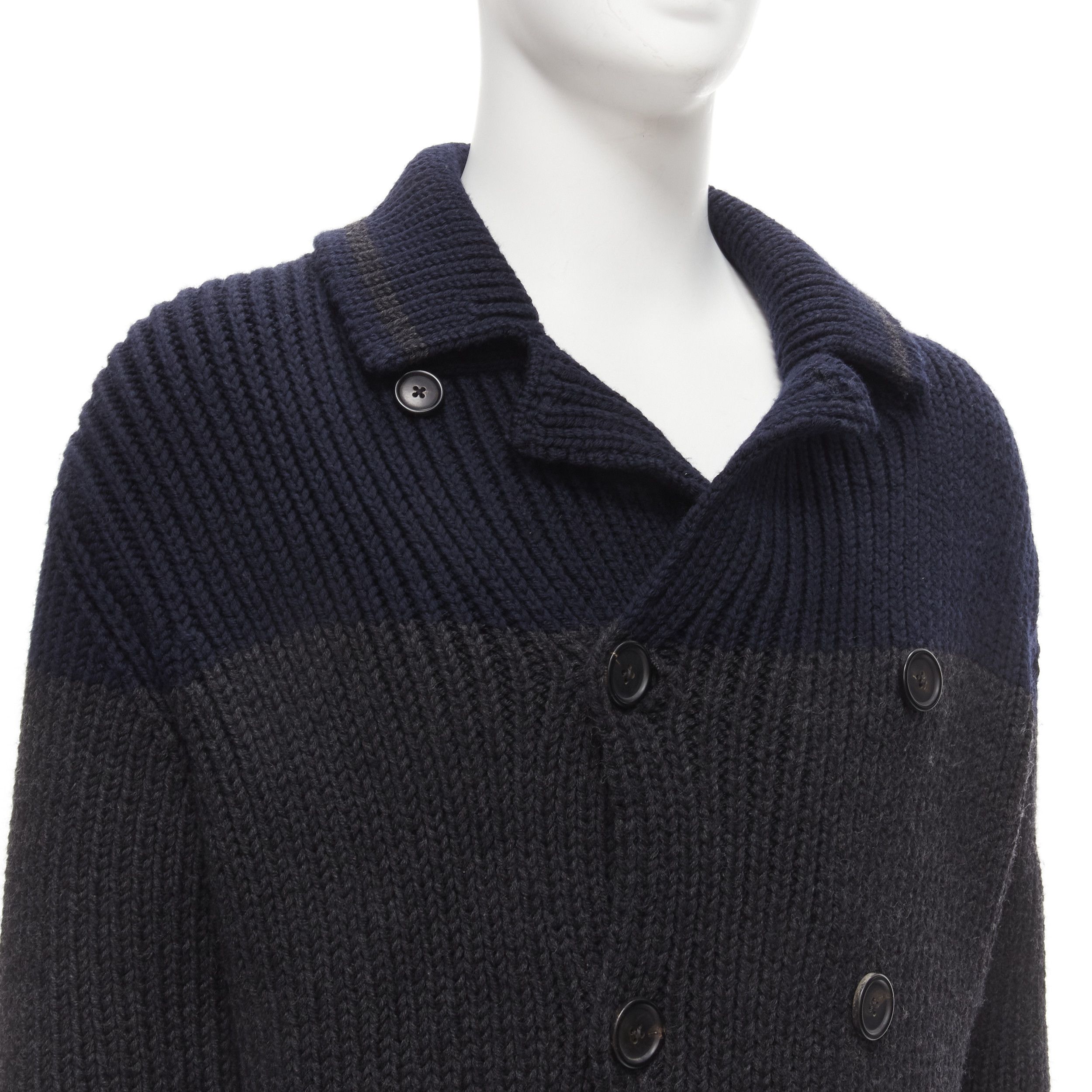 Prada PRADA 2013 100% wool grey navy sailor collar ribbed knit cardigani coat IT50 L Size US L / EU 52-54 / 3 - 8 Thumbnail