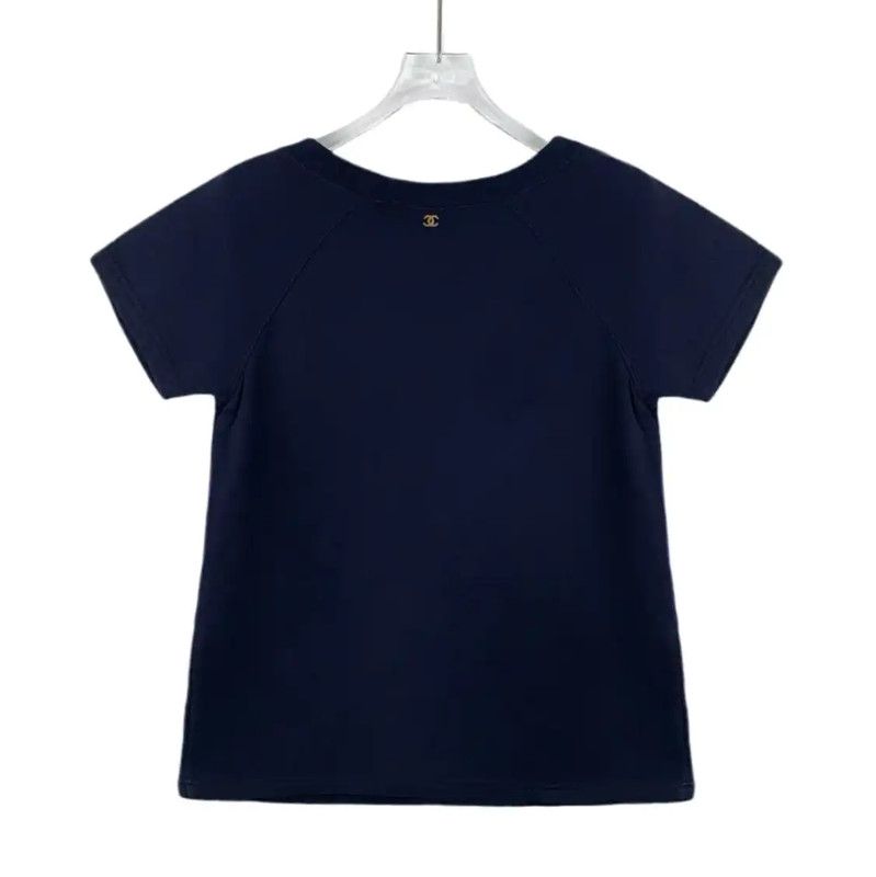 Chanel Chanel Navy Cotton T-Shirt with Gold Logo 0089 Size S / US 4 / IT 40 - 2 Thumbnail