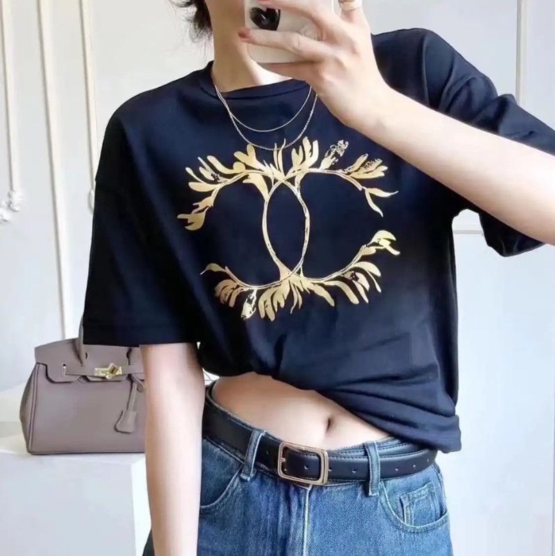Chanel Chanel Navy Cotton T-Shirt with Gold Logo 0089 Size S / US 4 / IT 40 - 9 Thumbnail