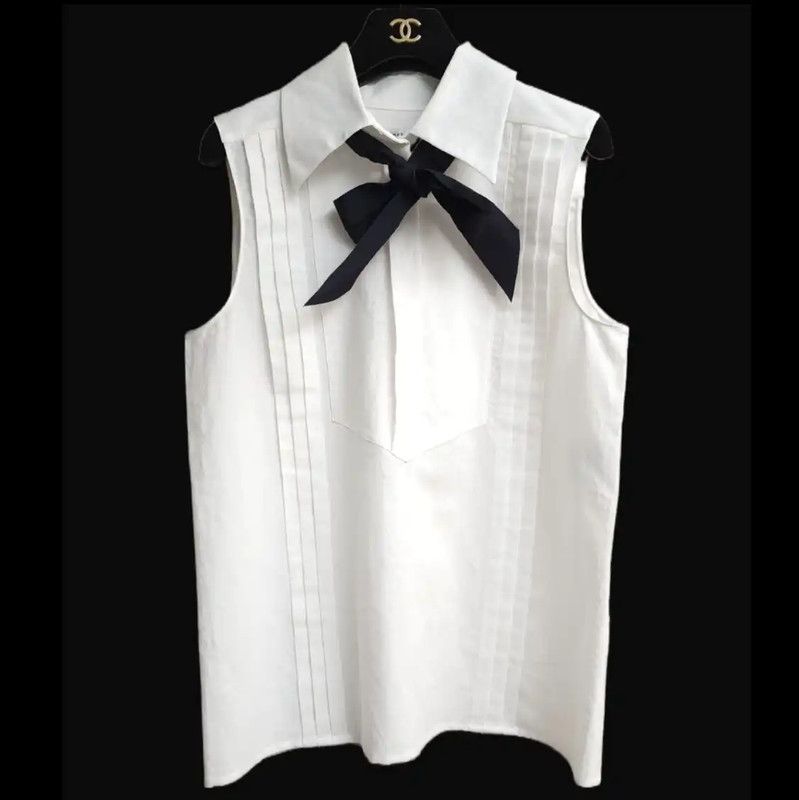 Chanel Chanel White Cotton Bow Short Sleeve Shirt 0089 Size L / US 10 / IT 46 - 2 Thumbnail