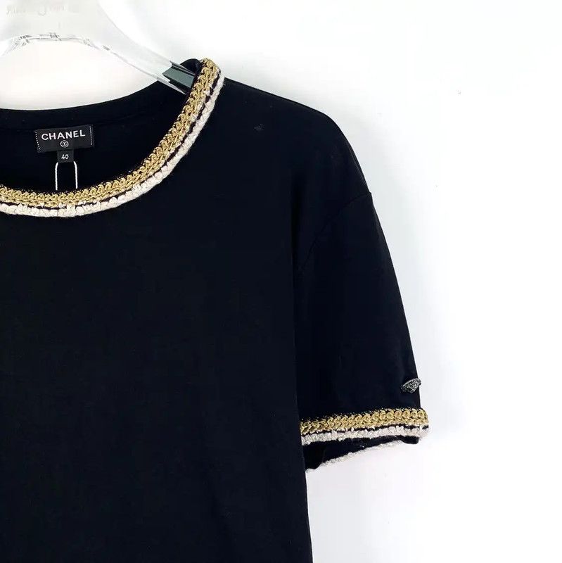 Chanel Chanel Black Cotton T-Shirt with Gold Trim 0089 Size M / US 6-8 / IT 42-44 - 3 Thumbnail