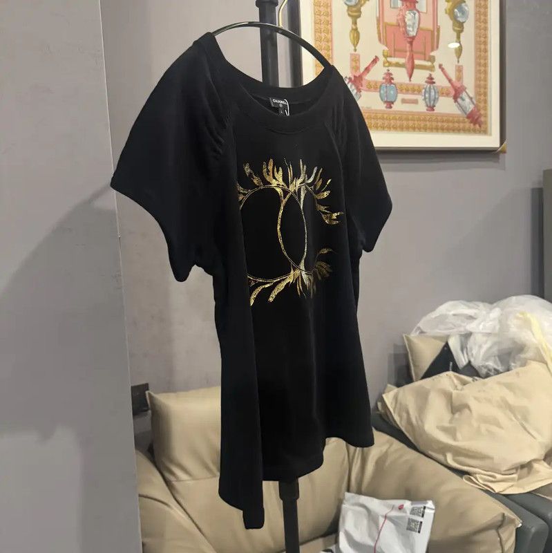 Chanel Chanel Black Cotton T-shirt with Gold Design 0089 Size L / US 10 / IT 46 - 3 Thumbnail