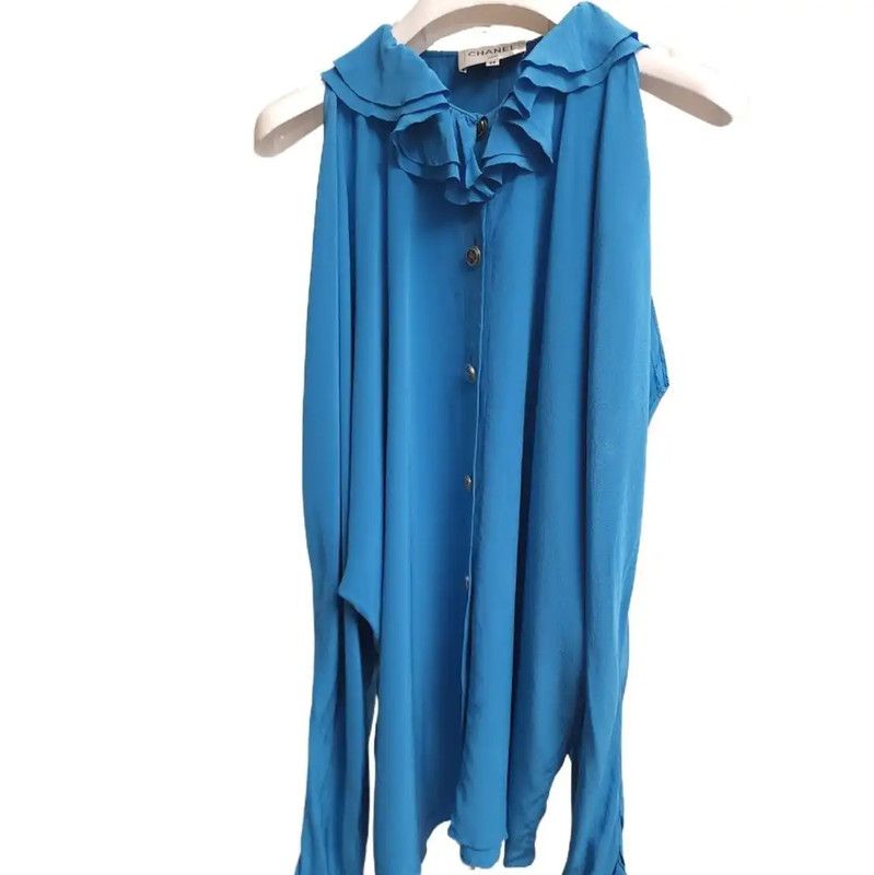 Chanel Chanel Blue Silk Cold Shoulder Blouse 0089 Size M / US 6-8 / IT 42-44 - 3 Thumbnail