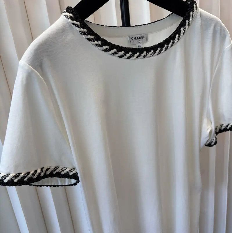 Chanel Chanel White Cotton T-shirt with Black Trim 0089 Size L / US 10 / IT 46 - 2 Thumbnail