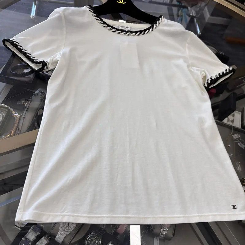 Chanel Chanel White Cotton T-shirt with Black Trim 0089 Size L / US 10 / IT 46 - 4 Thumbnail