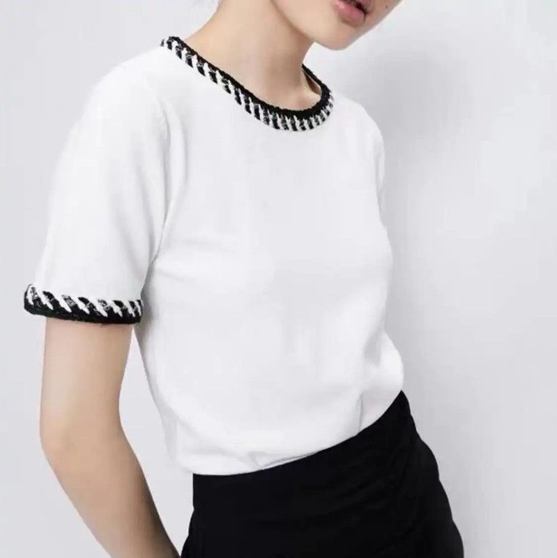 Chanel Chanel White Cotton T-shirt with Black Trim 0089 Size L / US 10 / IT 46 - 10 Thumbnail