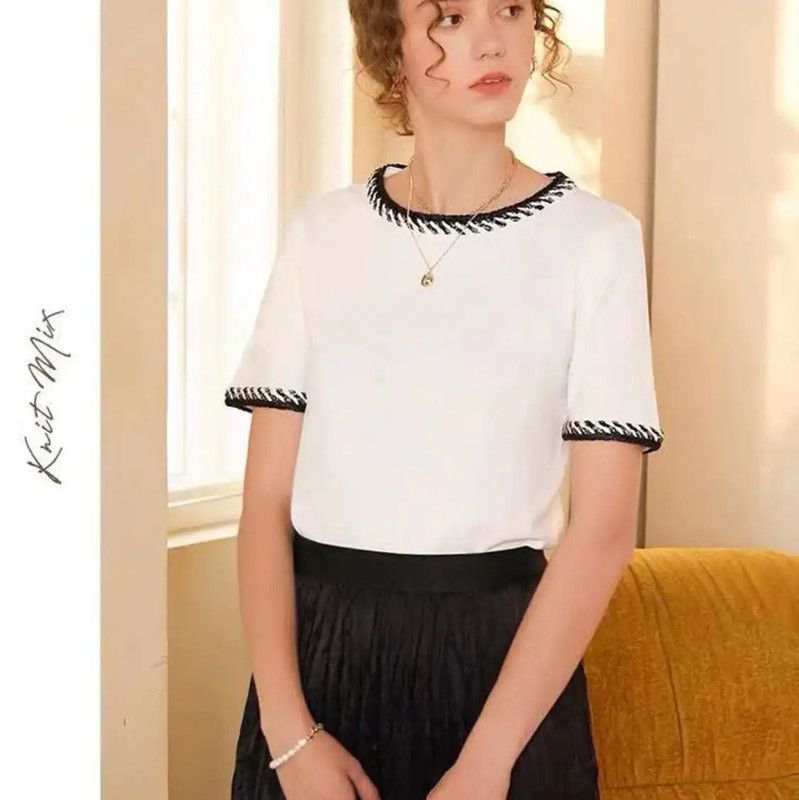 Chanel Chanel White Cotton T-shirt with Black Trim 0089 Size L / US 10 / IT 46 - 8 Thumbnail