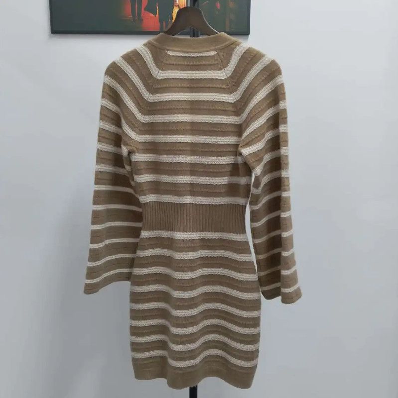 Chanel Striped Khaki Cotton Blend Women's Coat 0089