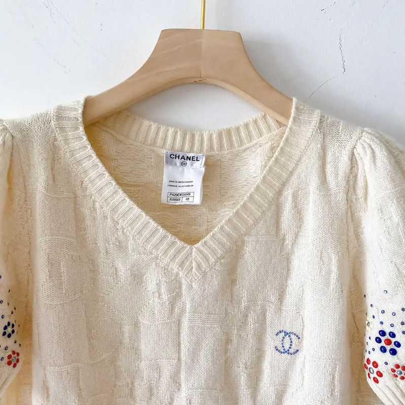 Chanel Chanel Spring Autumn Beige Cashmere Knit Short Sleeve T-shirt 0089 Size M / US 6-8 / IT 42-44 - 6 Thumbnail
