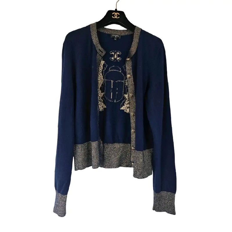 Chanel Chanel Navy Blue Cashmere Cardigan with Logo 0089 Size M / US 6-8 / IT 42-44 - 3 Thumbnail