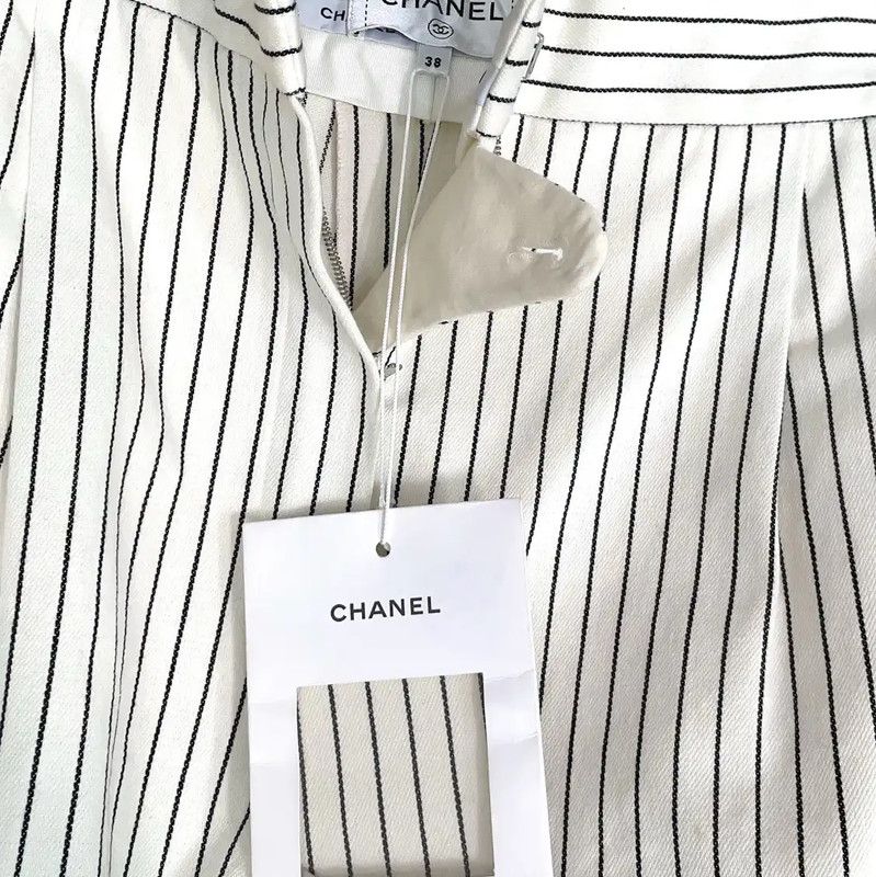 Chanel Chanel White Cotton Striped Casual Trousers 0089 Size 23" - 8 Thumbnail