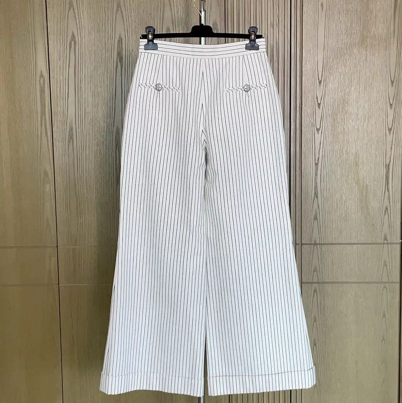 Chanel Chanel White Cotton Striped Casual Trousers 0089 Size 23" - 2 Thumbnail