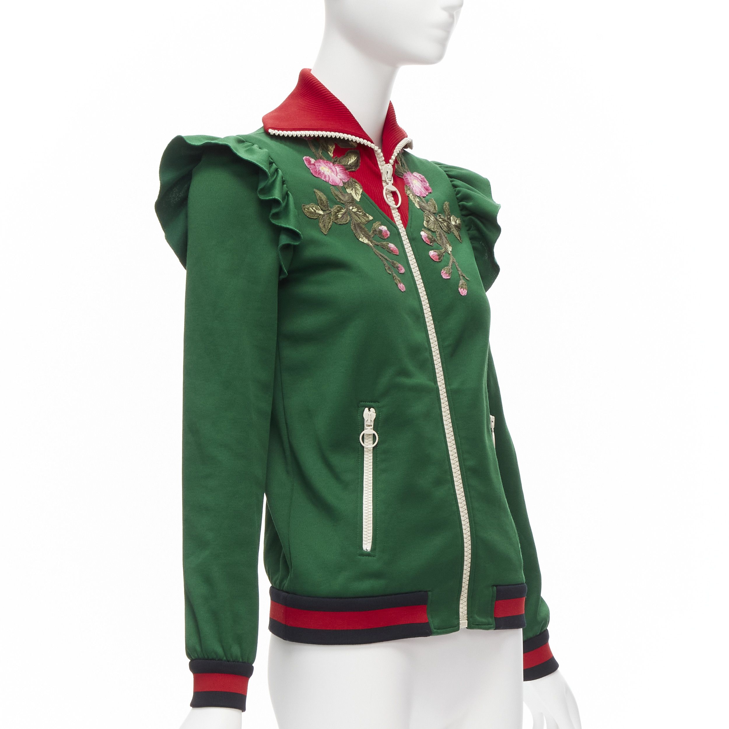 Gucci GUCCI Alessandro Michele green pink floral applique ruffled track jacket XS Size S / US 4 / IT 40 - 4 Thumbnail