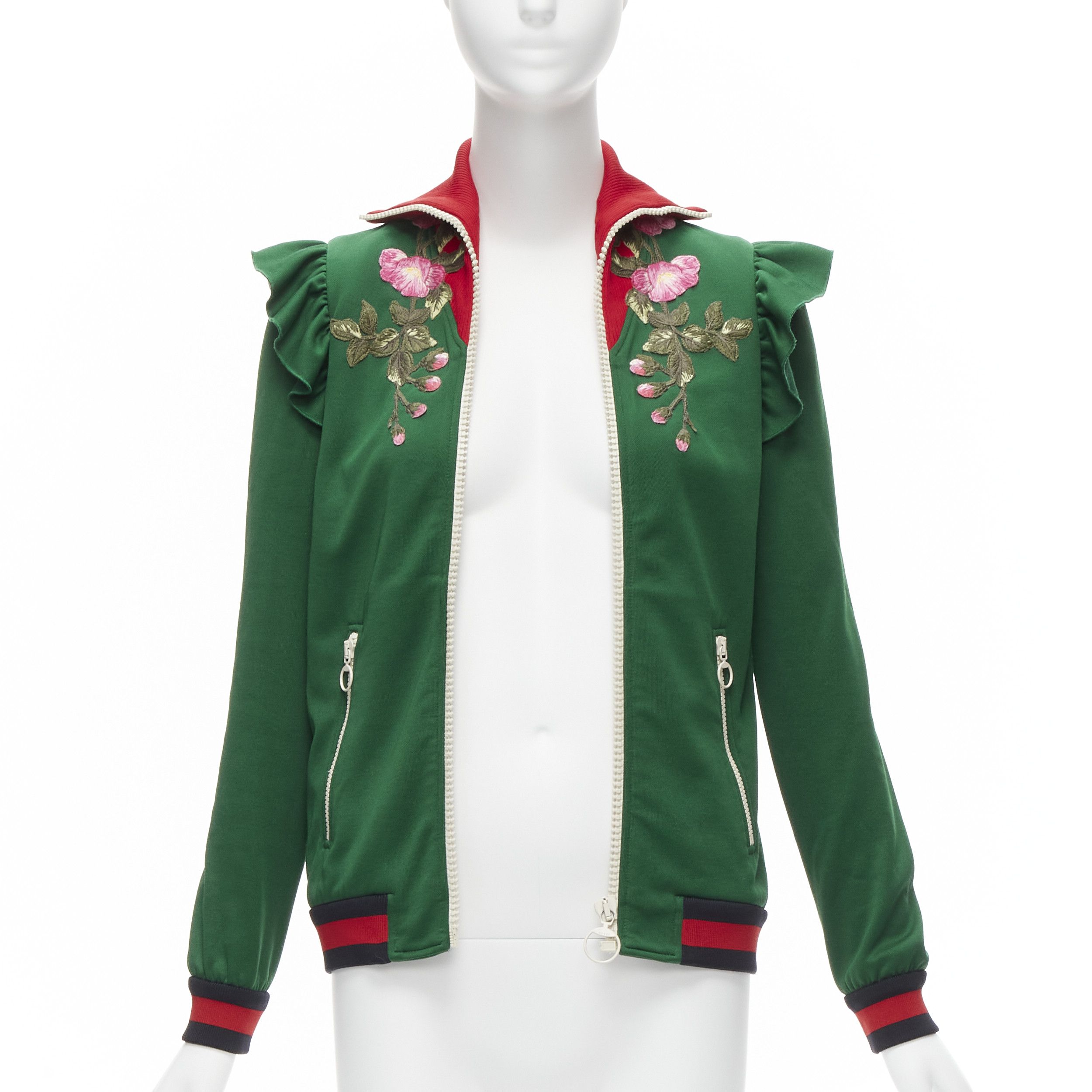 Gucci GUCCI Alessandro Michele green pink floral applique ruffled track jacket XS Size S / US 4 / IT 40 - 3 Thumbnail
