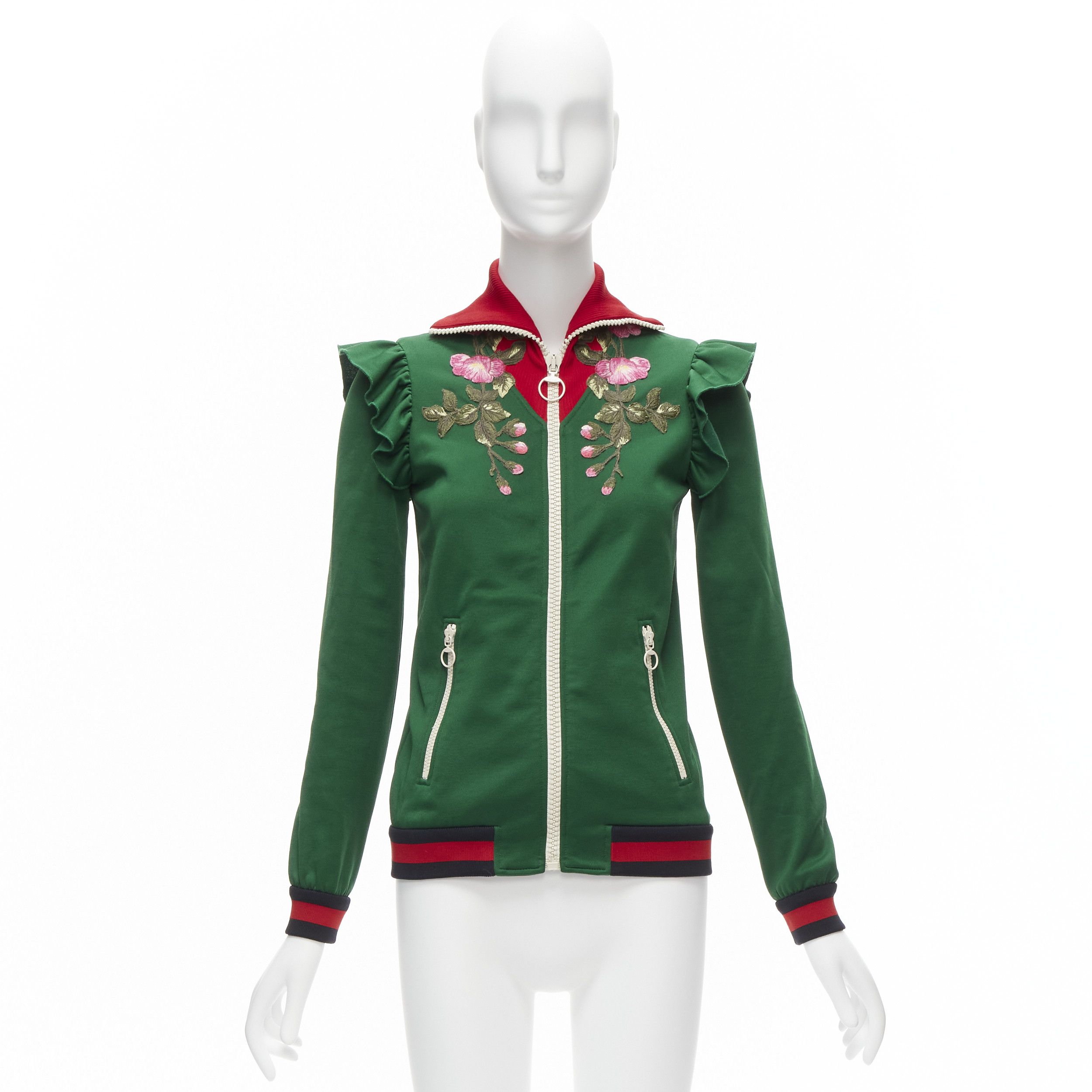 Gucci GUCCI Alessandro Michele green pink floral applique ruffled track jacket XS Size S / US 4 / IT 40 - 11 Thumbnail