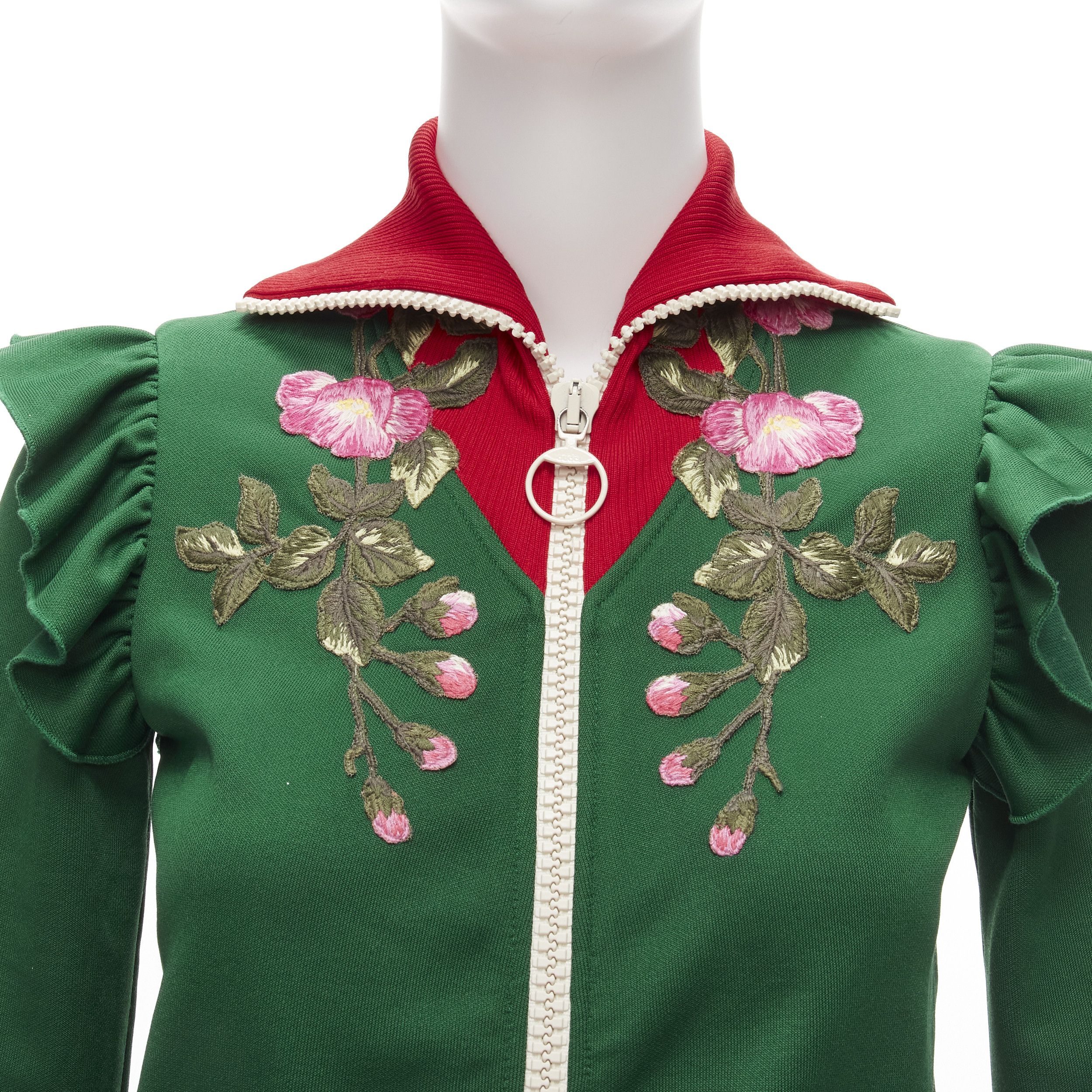 Gucci GUCCI Alessandro Michele green pink floral applique ruffled track jacket XS Size S / US 4 / IT 40 - 8 Thumbnail