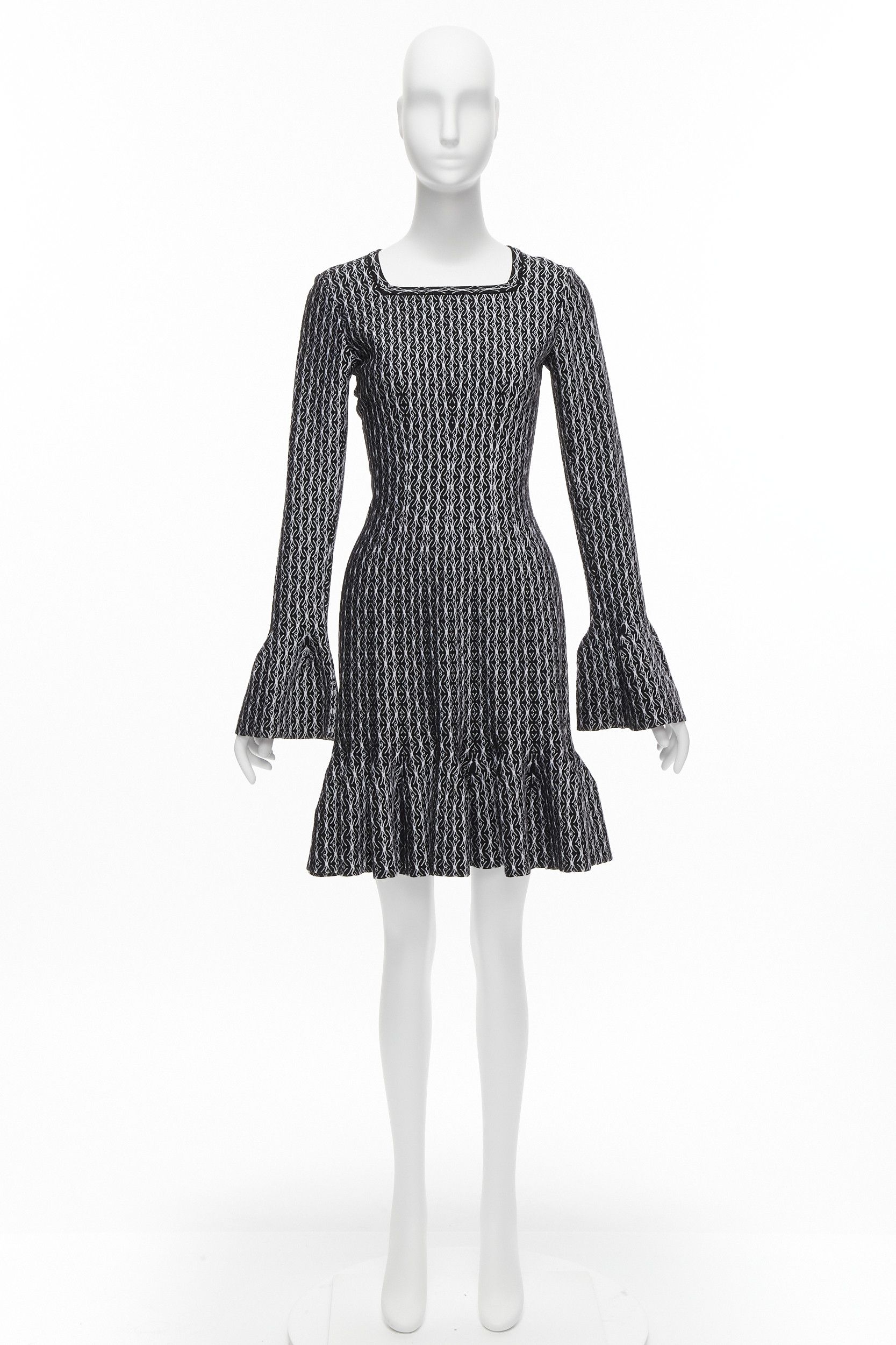 Alaia new ALAIA black white wool jacquard square neck flared hem cocktail dress FR38 M Size M / US 6-8 / IT 42-44 - 10 Thumbnail