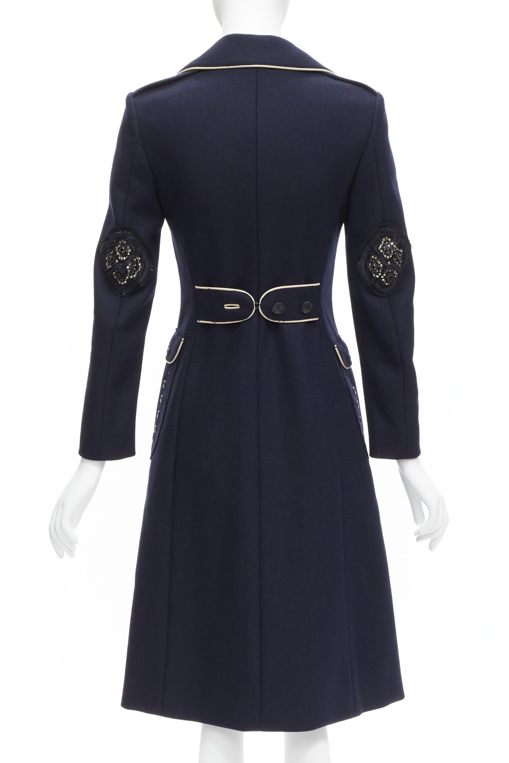 Prada rare PRADA 2004 Look 46 navy blue wool grommet leather trim longline officer coat IT36 XXS Size XS / US 0-2 / IT 36-38 - 6 Thumbnail
