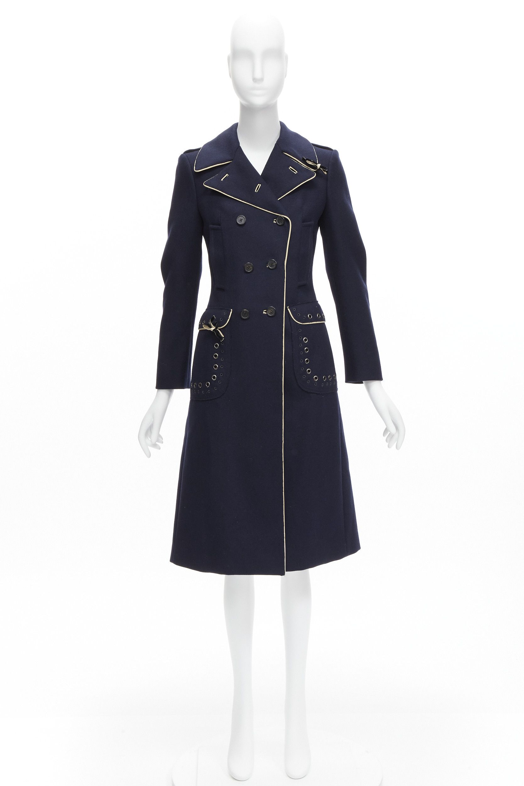 Prada rare PRADA 2004 Look 46 navy blue wool grommet leather trim longline officer coat IT36 XXS Size XS / US 0-2 / IT 36-38 - 11 Thumbnail