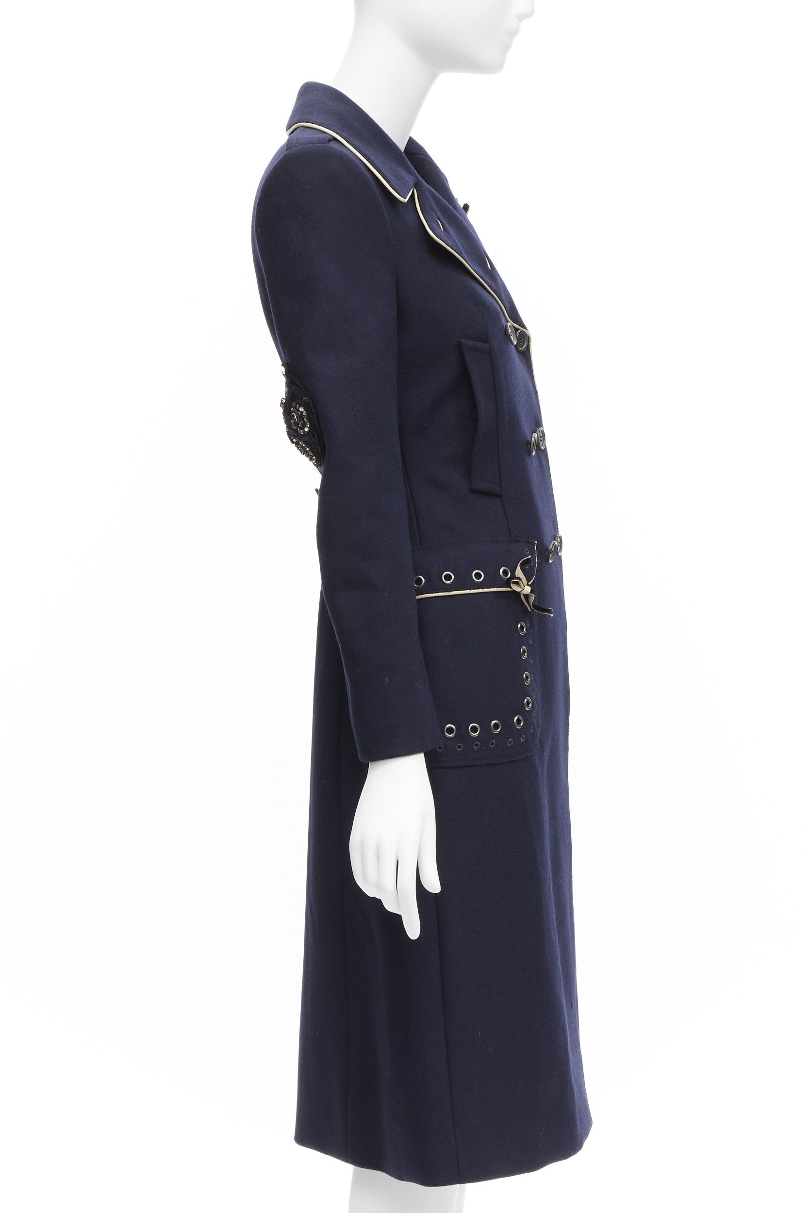 Prada rare PRADA 2004 Look 46 navy blue wool grommet leather trim longline officer coat IT36 XXS Size XS / US 0-2 / IT 36-38 - 5 Thumbnail