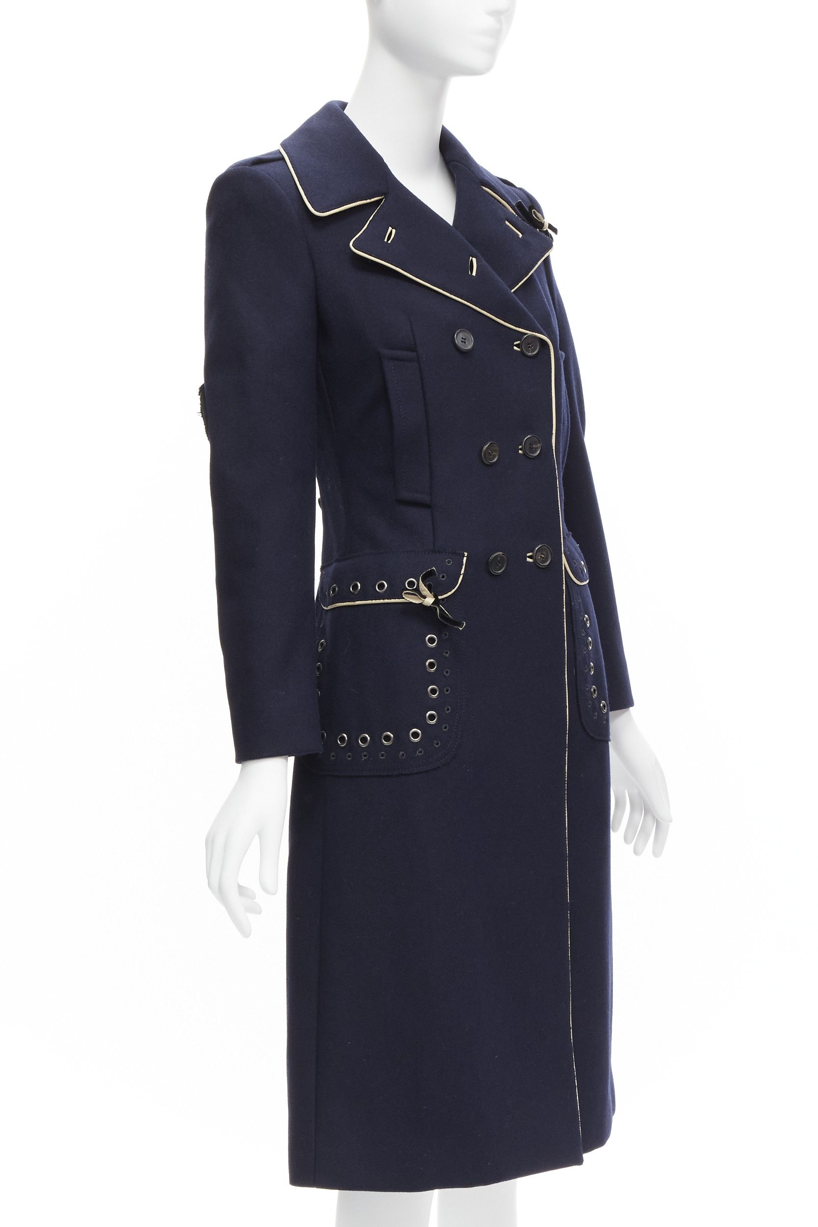 Prada rare PRADA 2004 Look 46 navy blue wool grommet leather trim longline officer coat IT36 XXS Size XS / US 0-2 / IT 36-38 - 4 Thumbnail