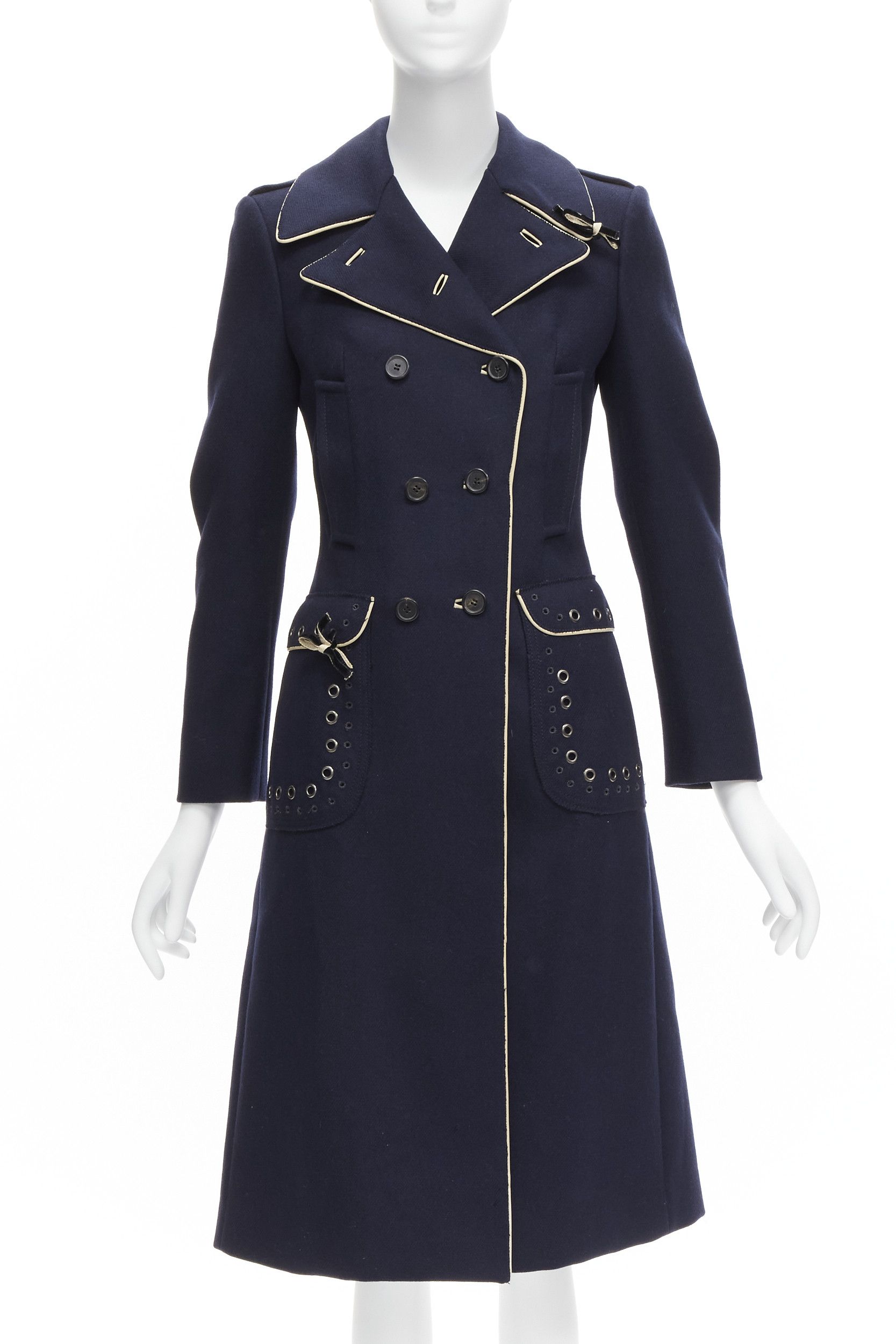 Prada rare PRADA 2004 Look 46 navy blue wool grommet leather trim longline officer coat IT36 XXS Size XS / US 0-2 / IT 36-38 - 3 Thumbnail