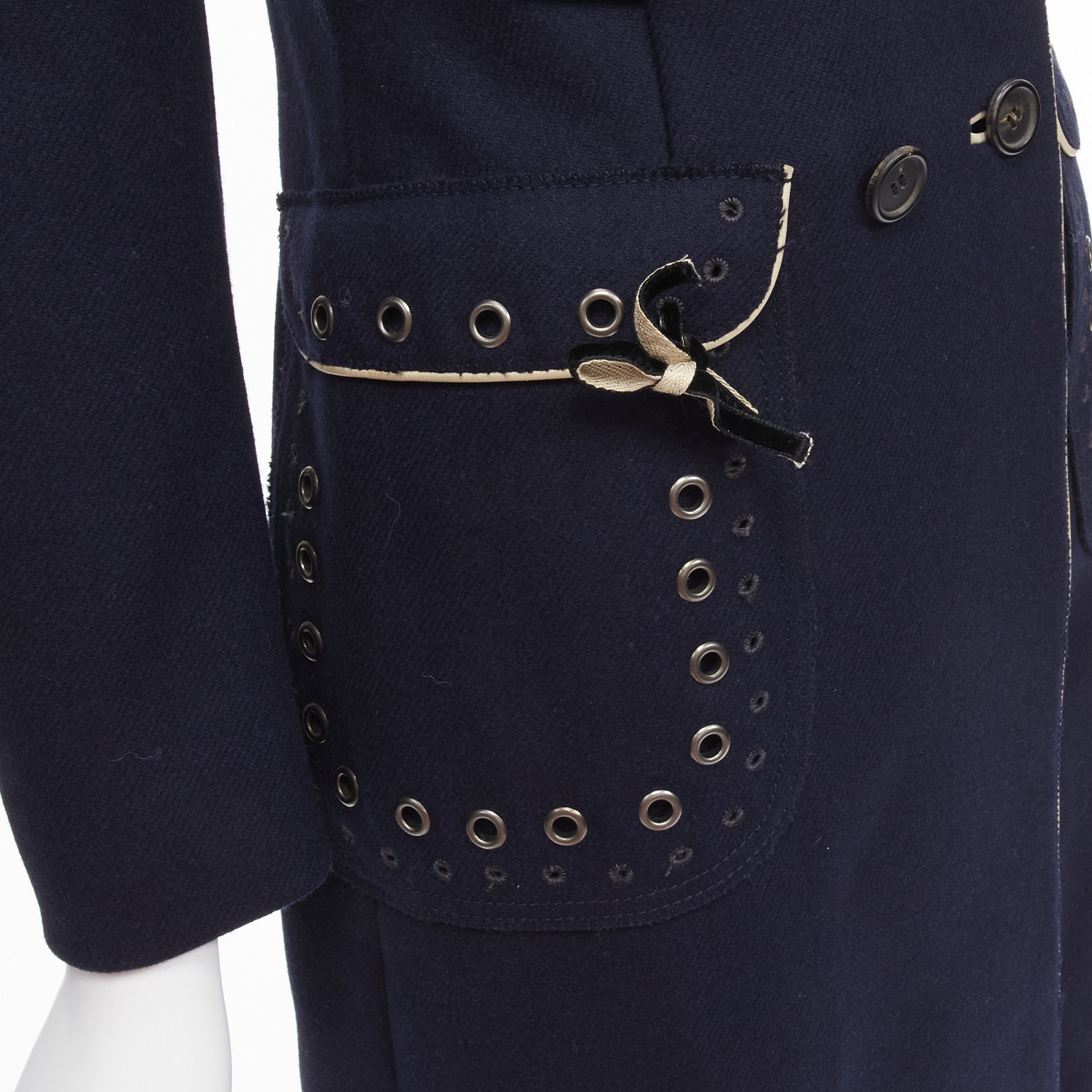 Prada rare PRADA 2004 Look 46 navy blue wool grommet leather trim longline officer coat IT36 XXS Size XS / US 0-2 / IT 36-38 - 2 Thumbnail