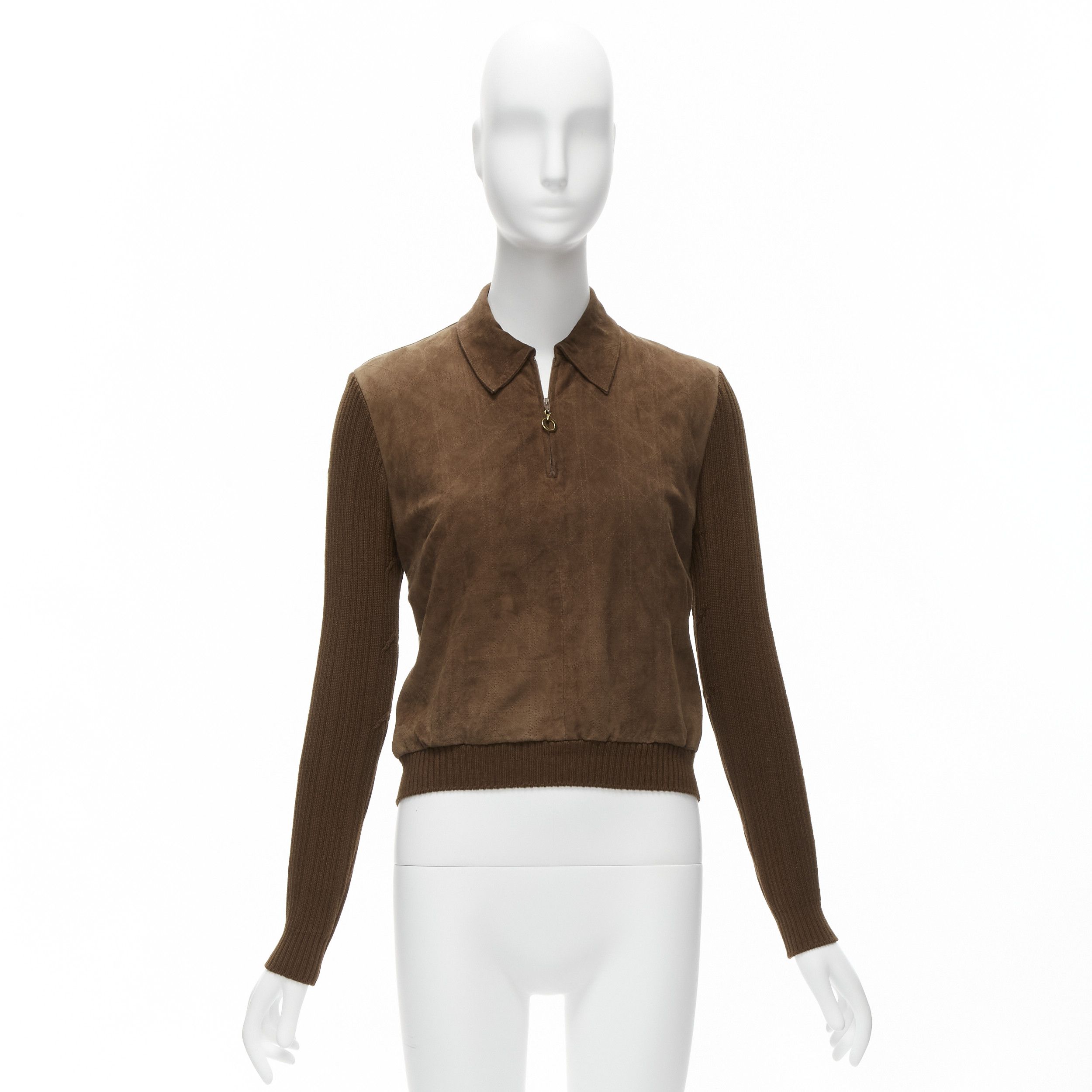 Dior CHRISTIAN DIOR Vintage Cannage stitch brown suede leather ribbed half zip sweater Size S / US 4 / IT 40 - 10 Thumbnail