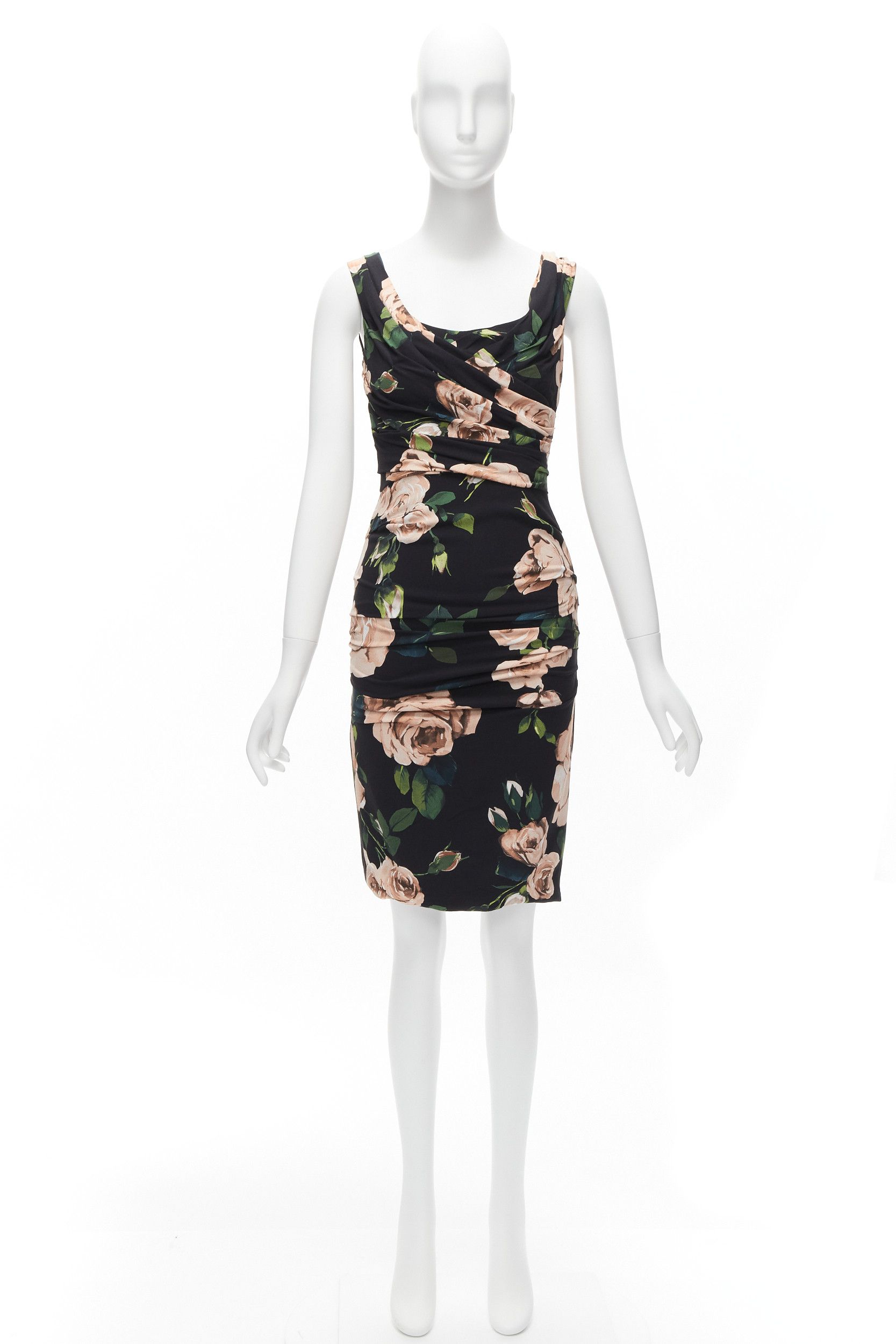 Dolce & Gabbana DOLCE GABBANA black pink rose print silk lined draped mid cocktail dress IT38 XS Size XS / US 0-2 / IT 36-38 - 10 Thumbnail