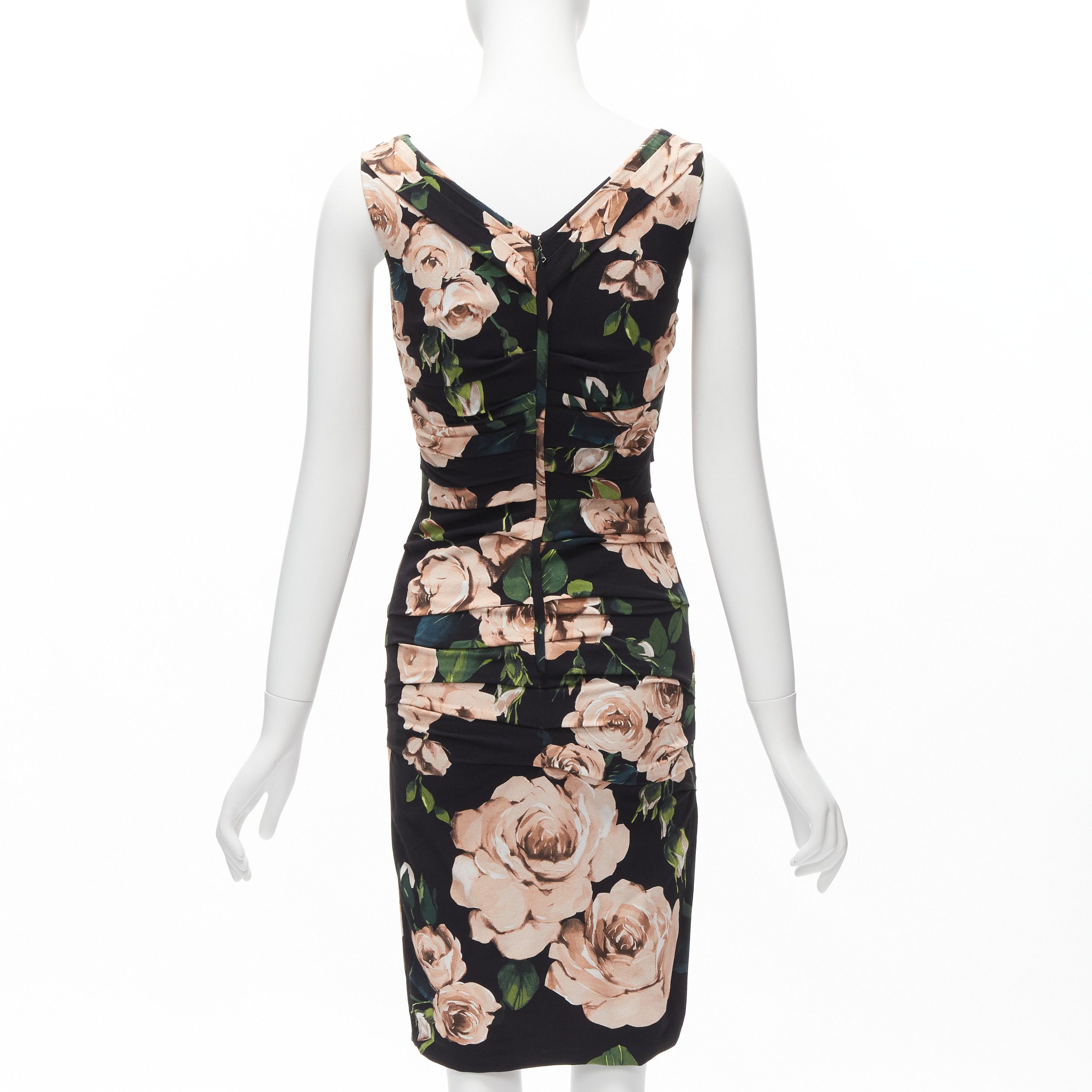Dolce & Gabbana DOLCE GABBANA black pink rose print silk lined draped mid cocktail dress IT38 XS Size XS / US 0-2 / IT 36-38 - 5 Thumbnail