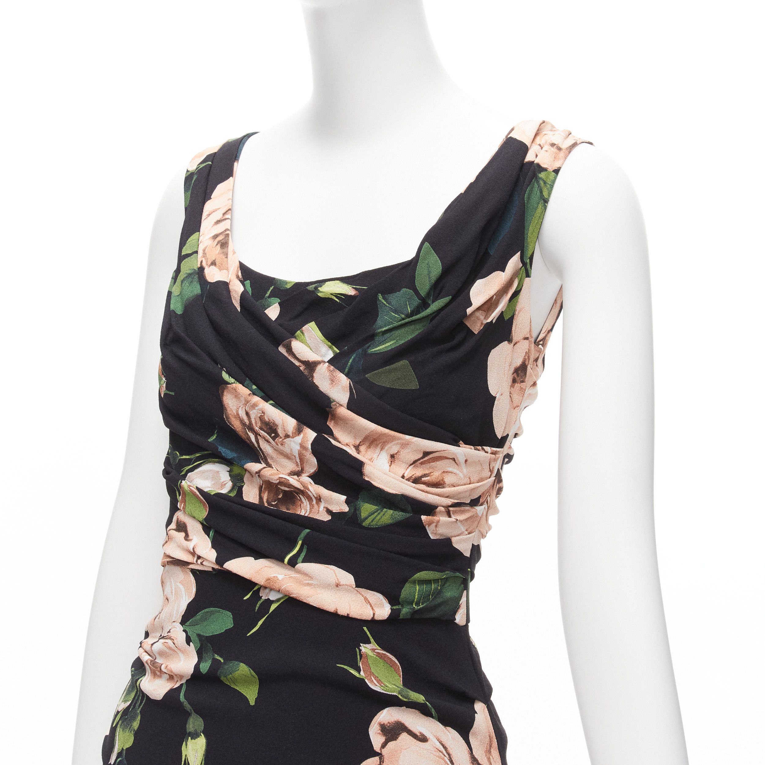 Dolce & Gabbana DOLCE GABBANA black pink rose print silk lined draped mid cocktail dress IT38 XS Size XS / US 0-2 / IT 36-38 - 2 Thumbnail
